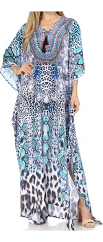 Vestido caftán largo Sakkas Georgettina con escote en V y cristales fluidos