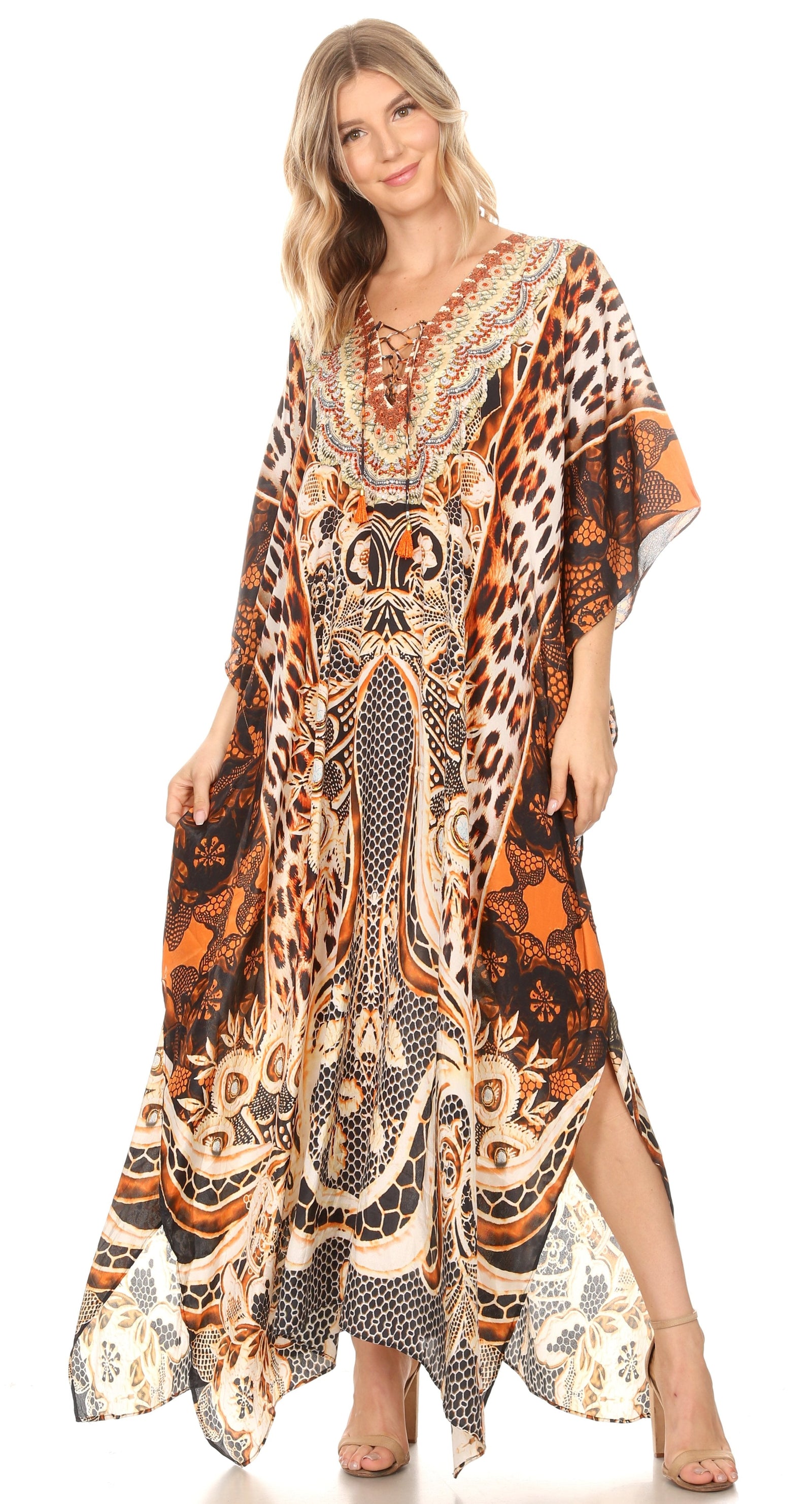 Vestido caftán largo Sakkas Georgettina con escote en V y cristales fluidos
