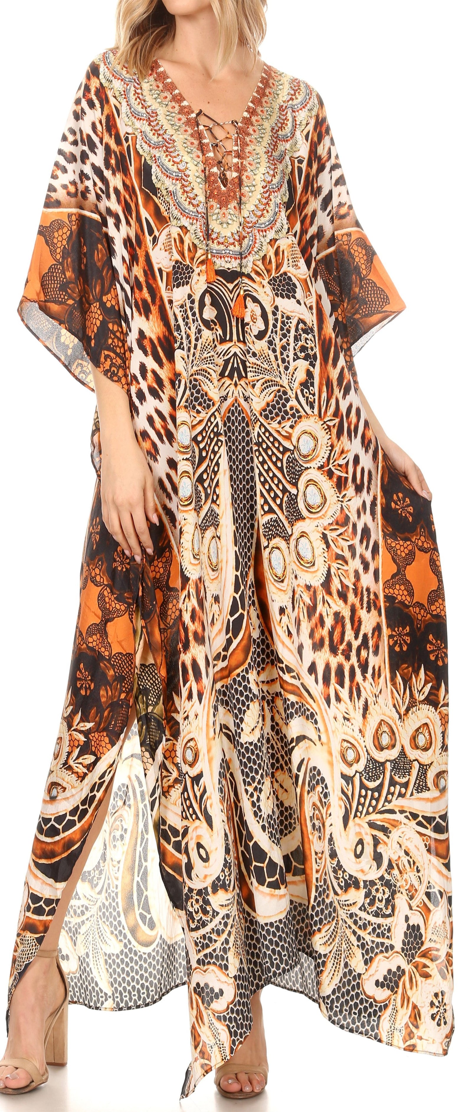 Vestido caftán largo Sakkas Georgettina con escote en V y cristales fluidos