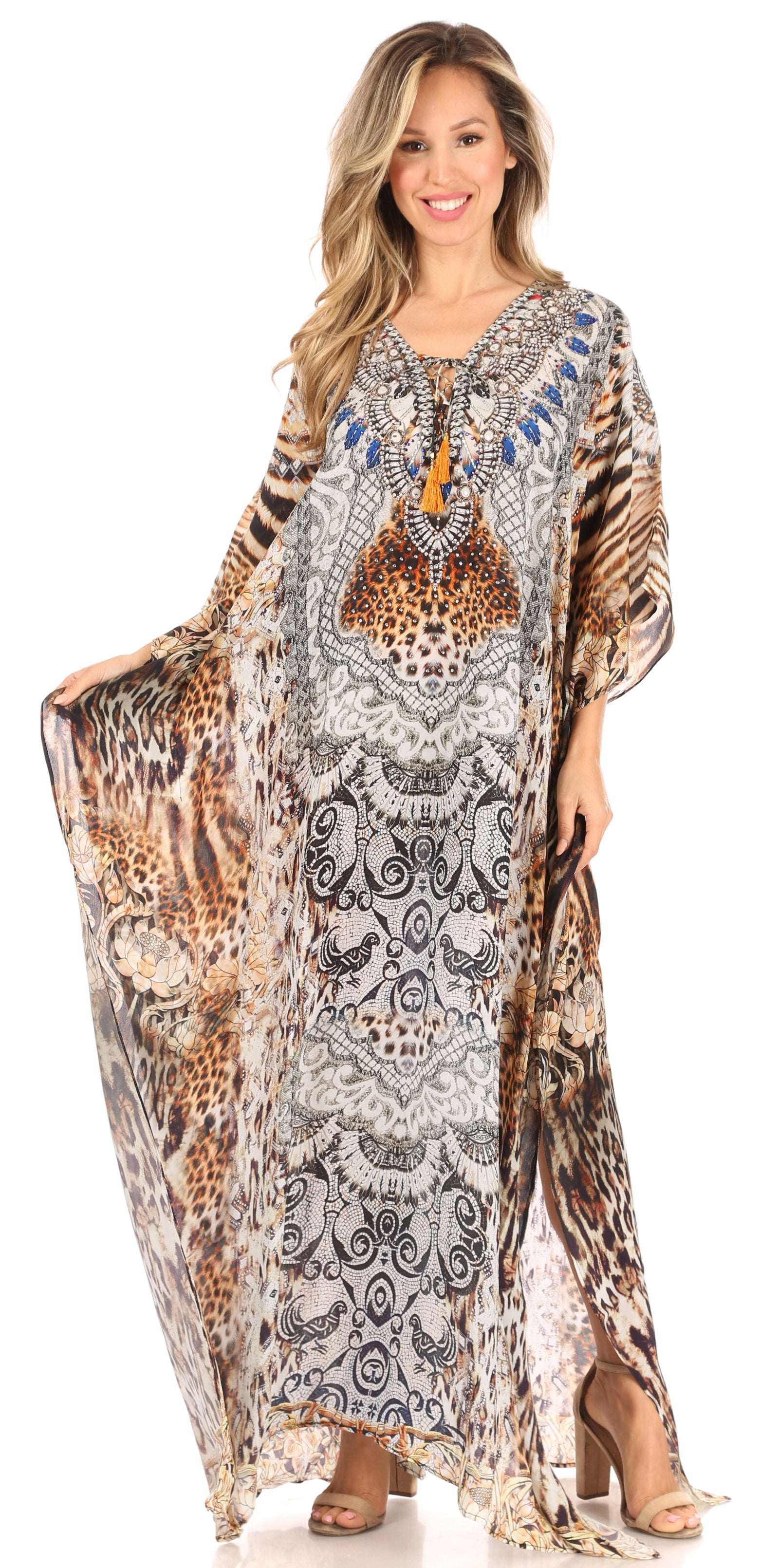 Vestido caftán largo Sakkas Georgettina con escote en V y cristales fluidos