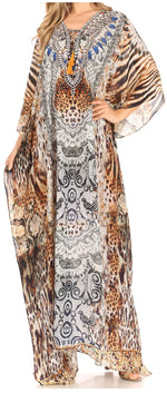 Vestido caftán largo Sakkas Georgettina con escote en V y cristales fluidos