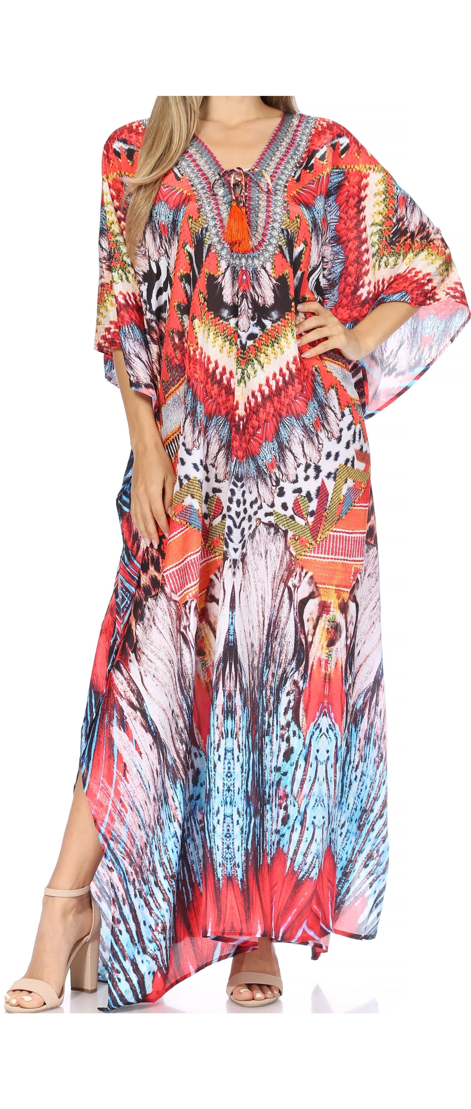Vestido caftán largo Sakkas Georgettina con escote en V y cristales fluidos
