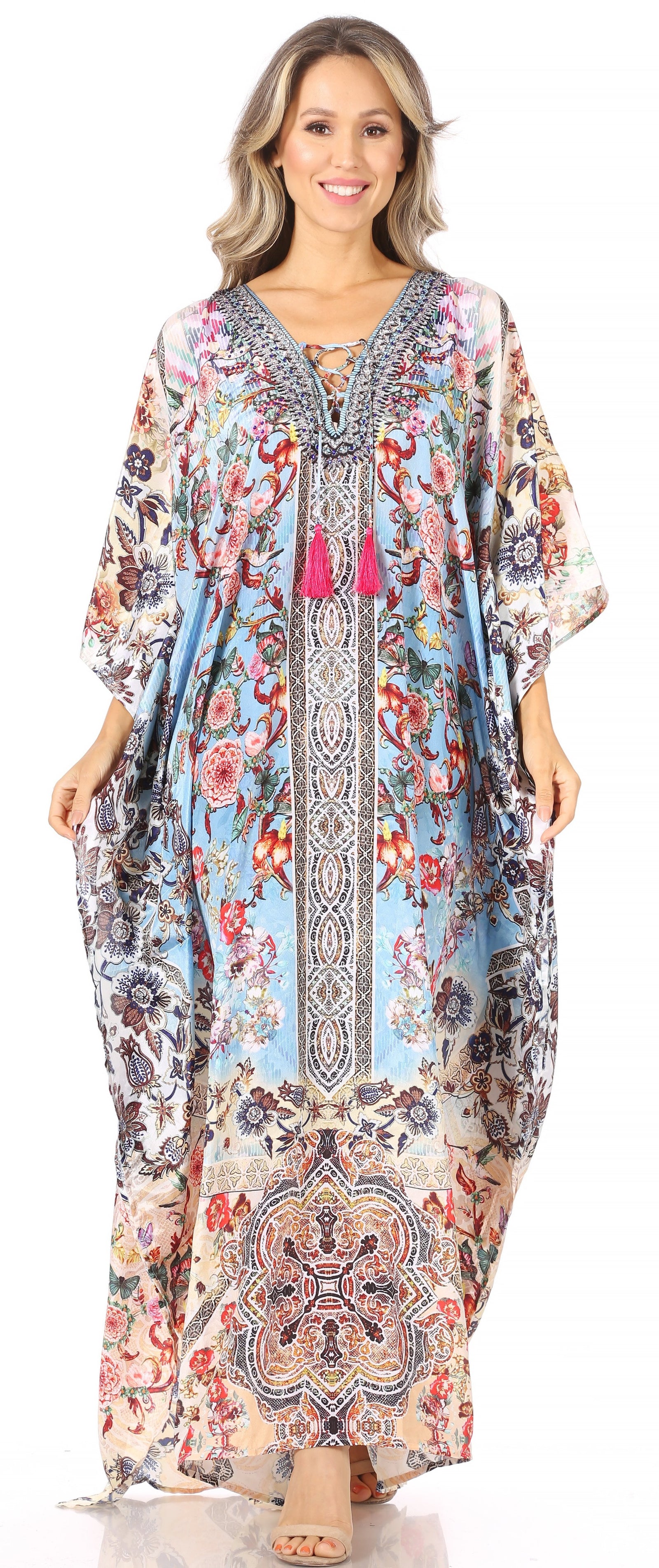 Vestido caftán largo Sakkas Georgettina con escote en V y cristales fluidos