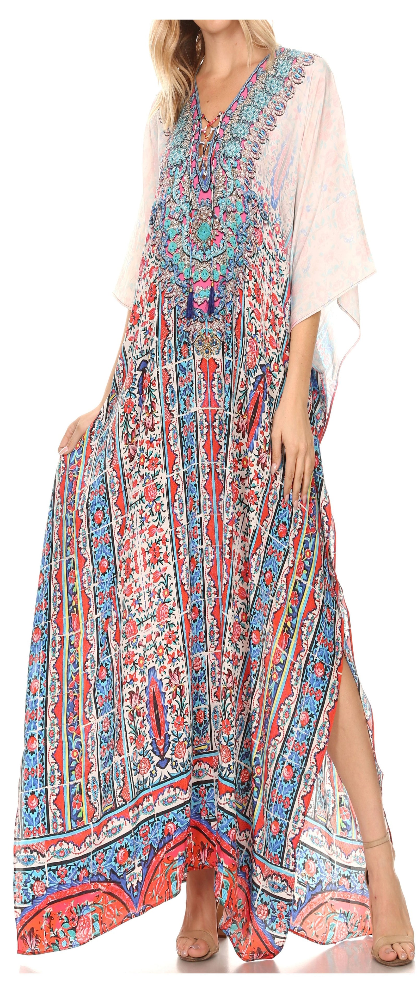 Vestido caftán largo Sakkas Georgettina con escote en V y cristales fluidos