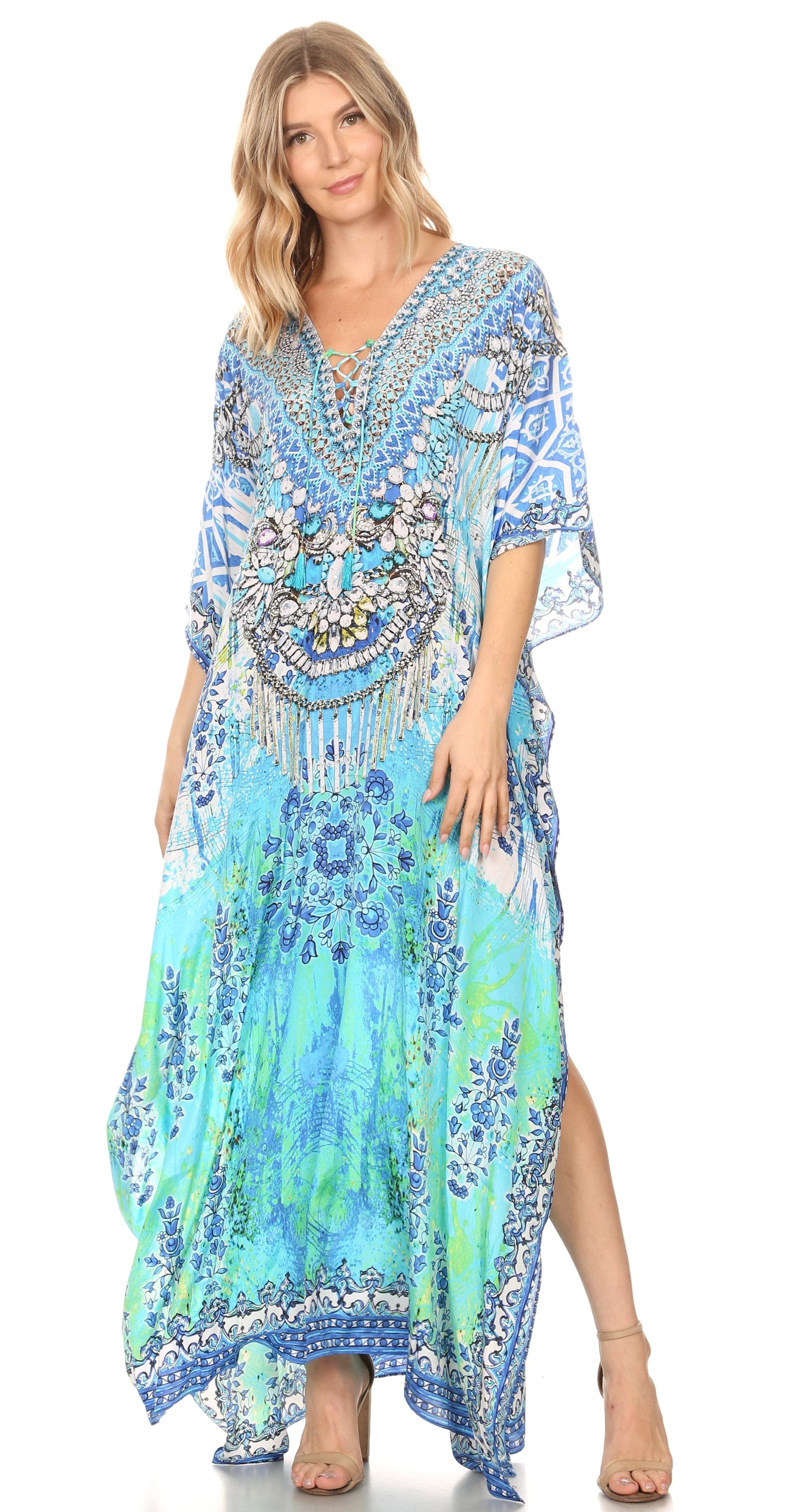 Vestido caftán largo Sakkas Georgettina con escote en V y cristales fluidos