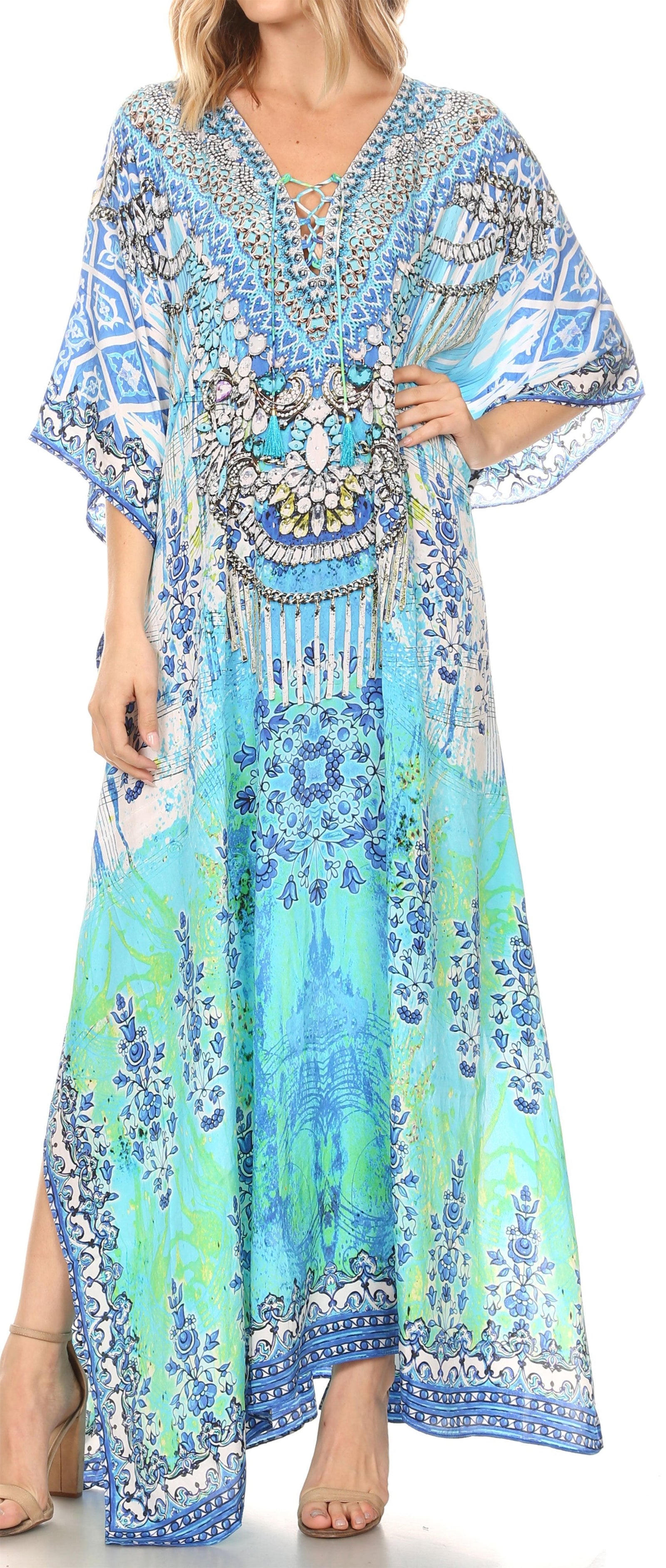 Vestido caftán largo Sakkas Georgettina con escote en V y cristales fluidos