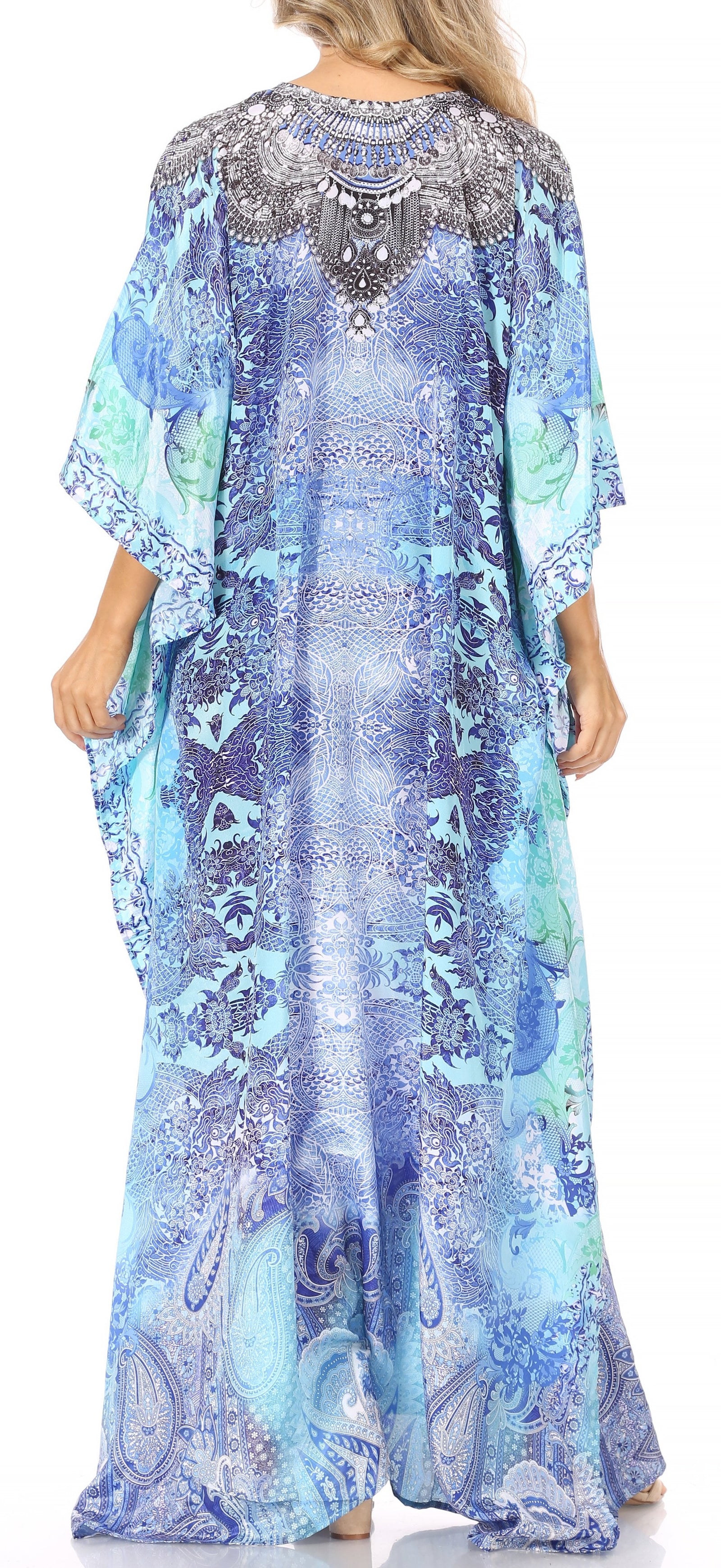 Vestido caftán largo Sakkas Georgettina con escote en V y cristales fluidos