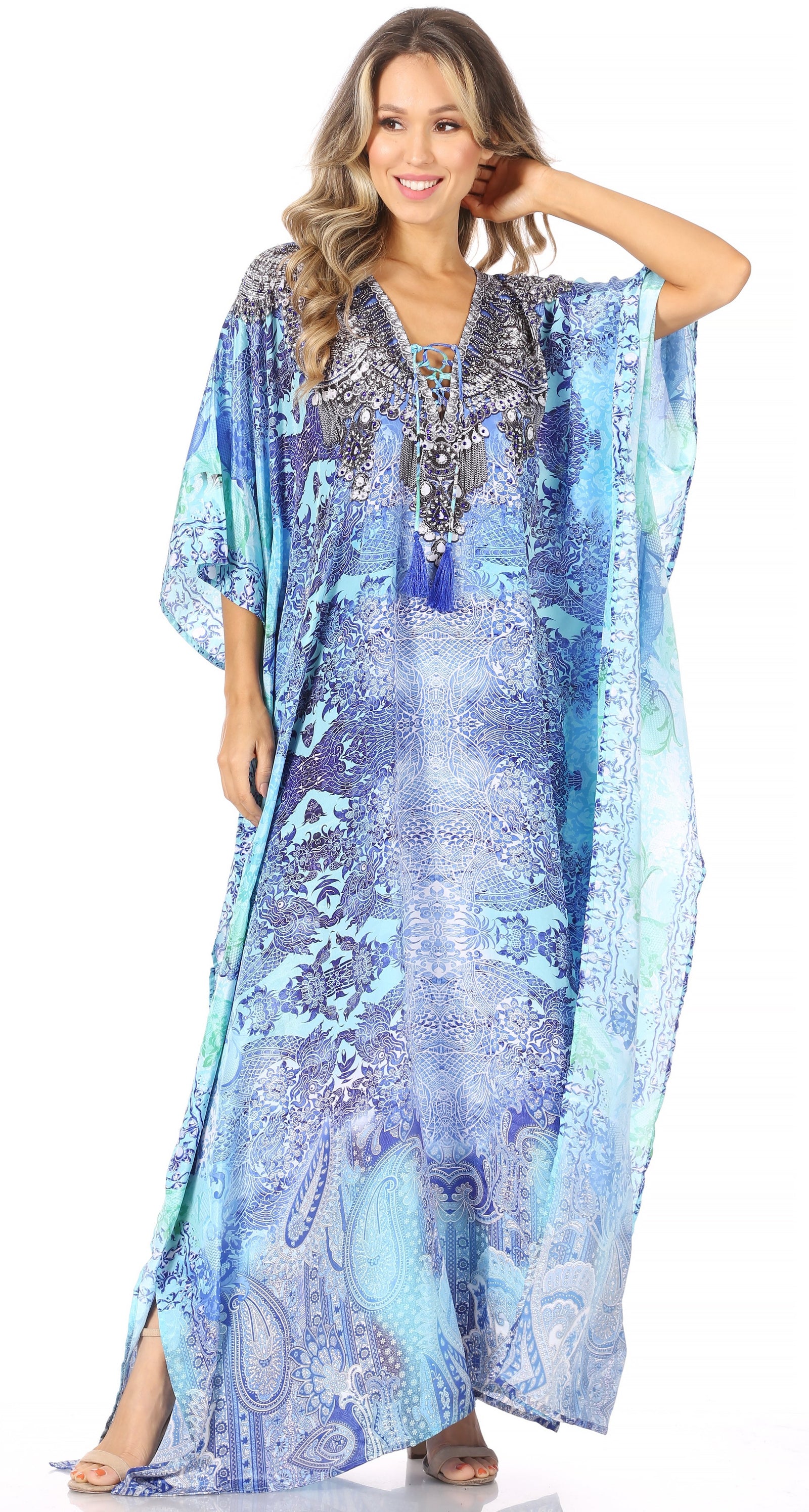 Vestido caftán largo Sakkas Georgettina con escote en V y cristales fluidos