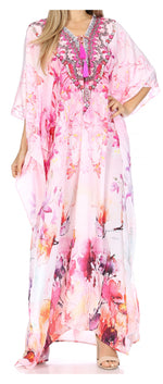 Vestido caftán largo Sakkas Georgettina con escote en V y cristales fluidos