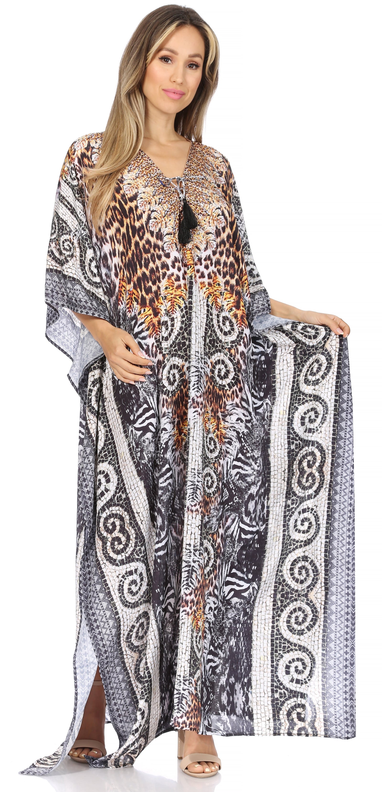 Vestido caftán largo Sakkas Georgettina con escote en V y cristales fluidos