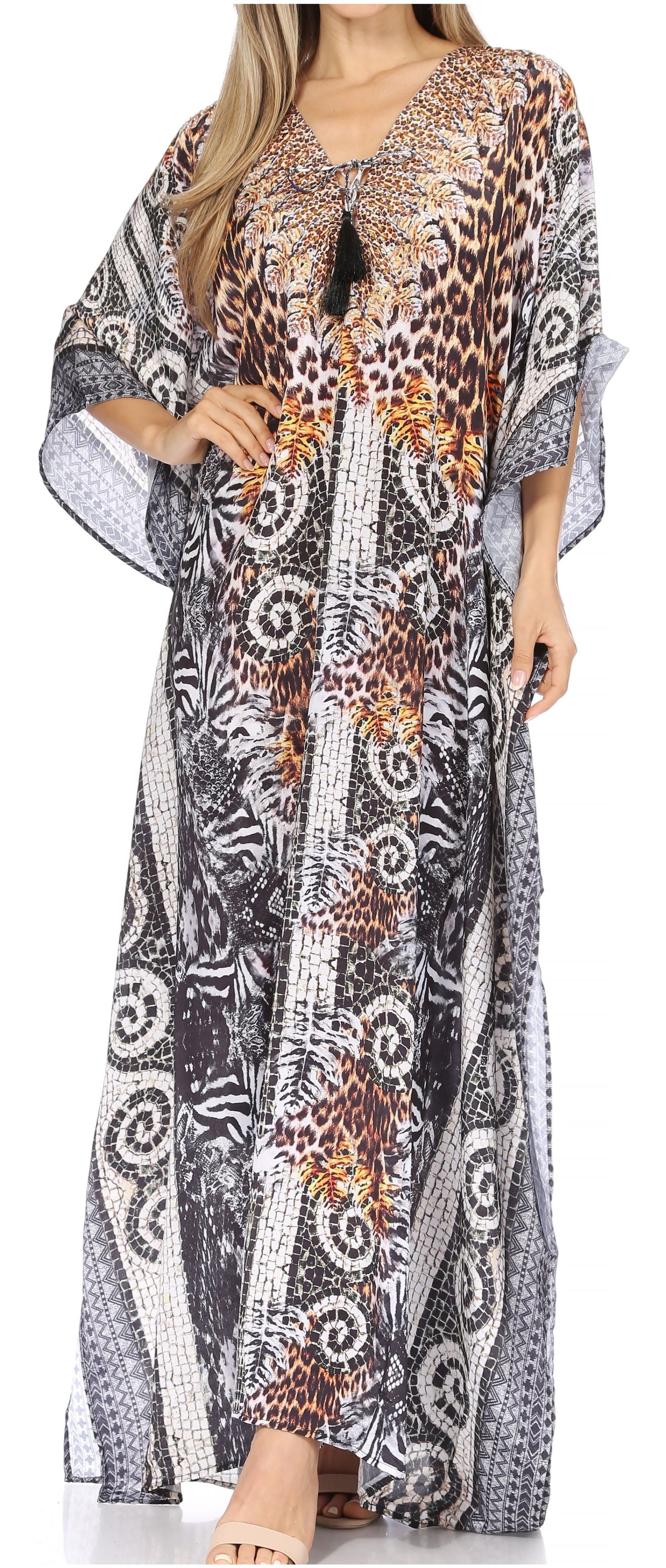 Vestido caftán largo Sakkas Georgettina con escote en V y cristales fluidos