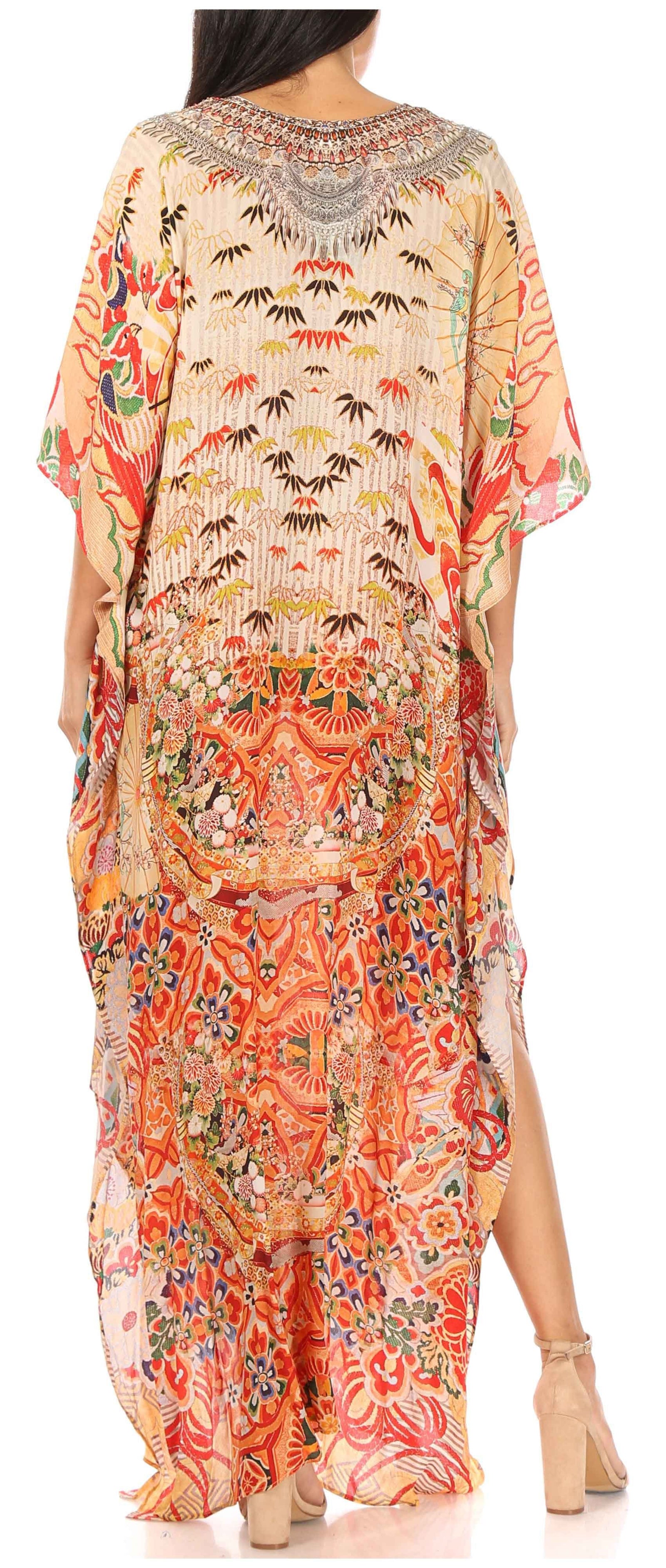 Vestido caftán largo Sakkas Georgettina con escote en V y cristales fluidos