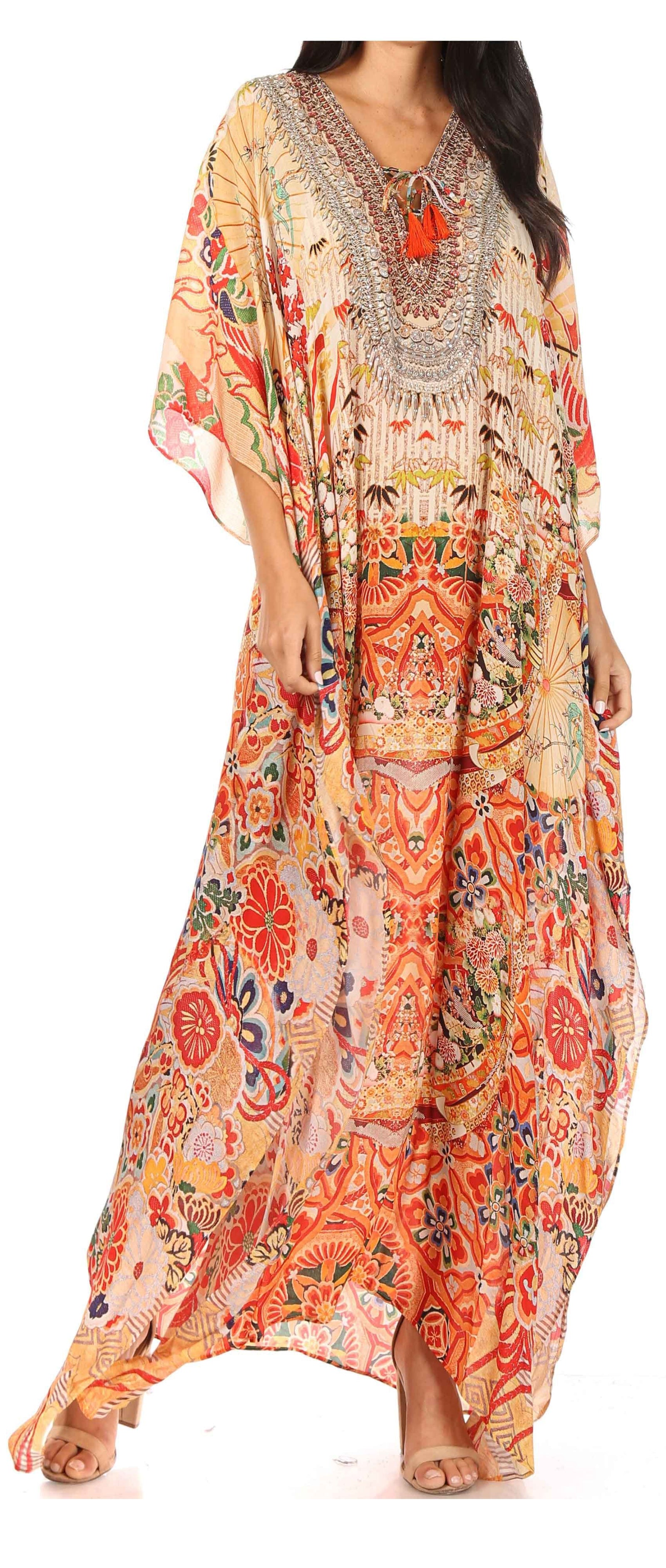 Vestido caftán largo Sakkas Georgettina con escote en V y cristales fluidos
