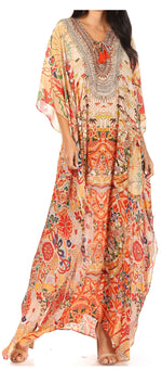 Vestido caftán largo Sakkas Georgettina con escote en V y cristales fluidos