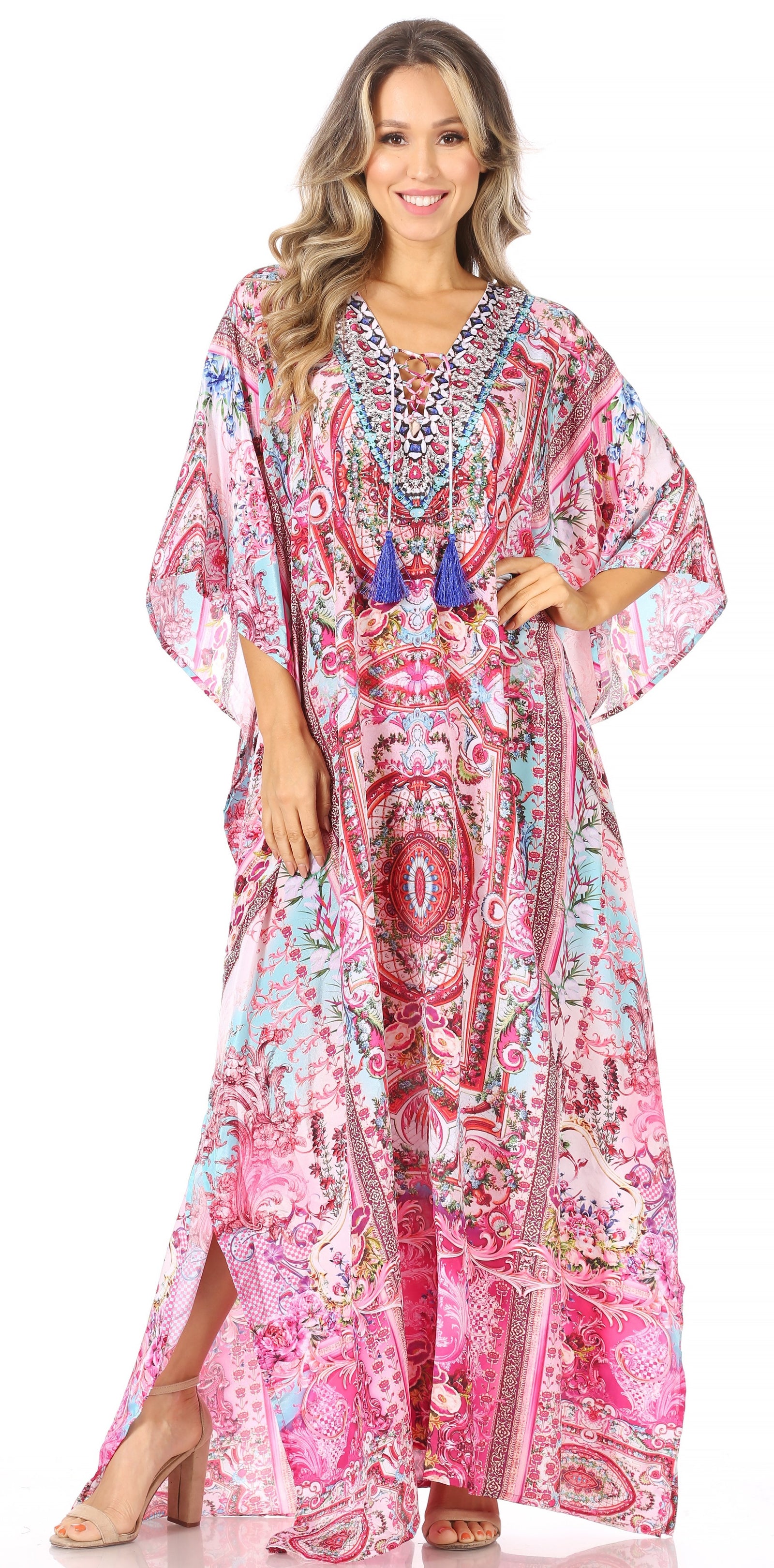 Vestido caftán largo Sakkas Georgettina con escote en V y cristales fluidos