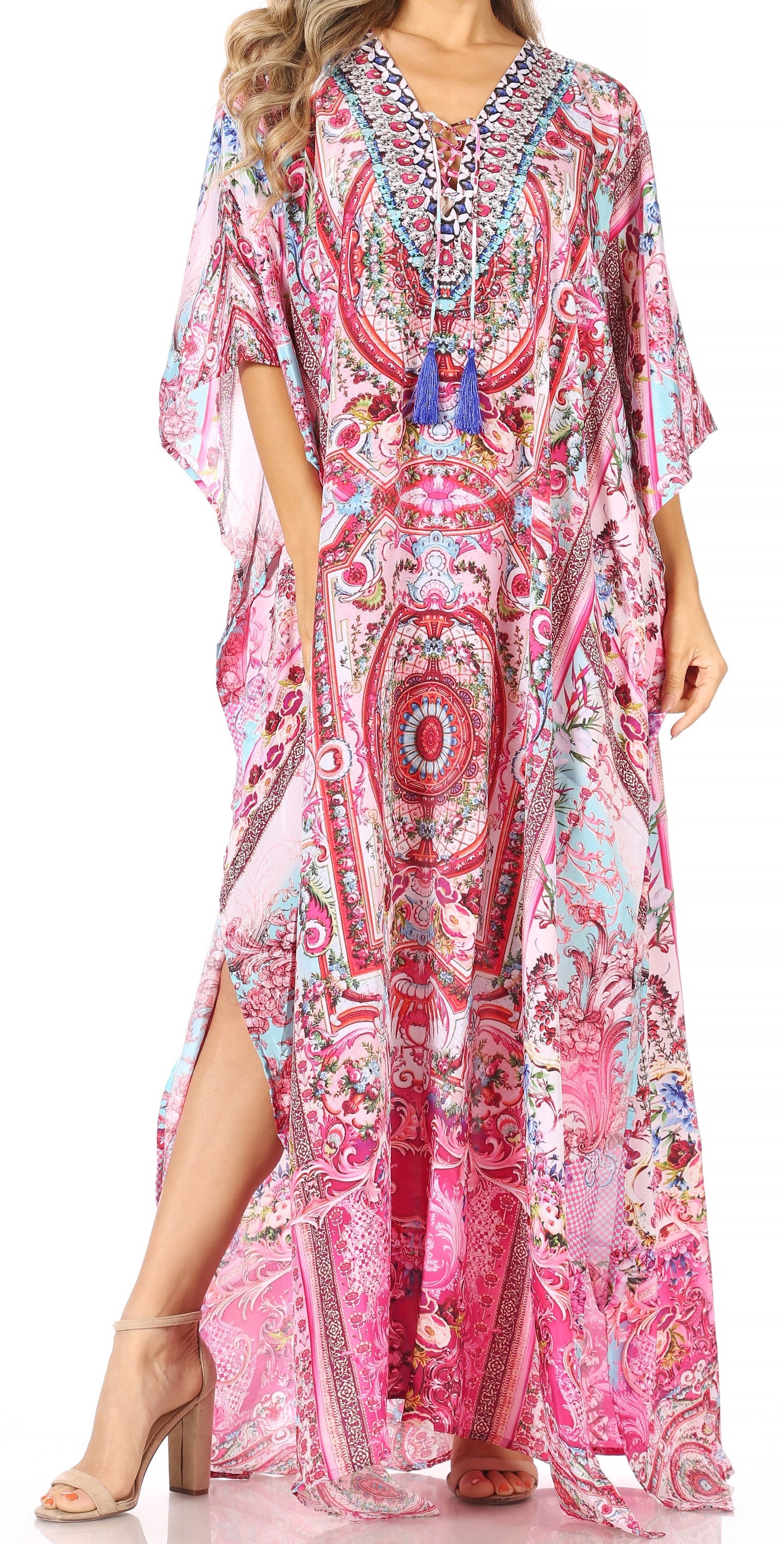 Vestido caftán largo Sakkas Georgettina con escote en V y cristales fluidos