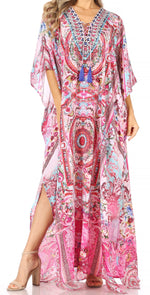 Vestido caftán largo Sakkas Georgettina con escote en V y cristales fluidos