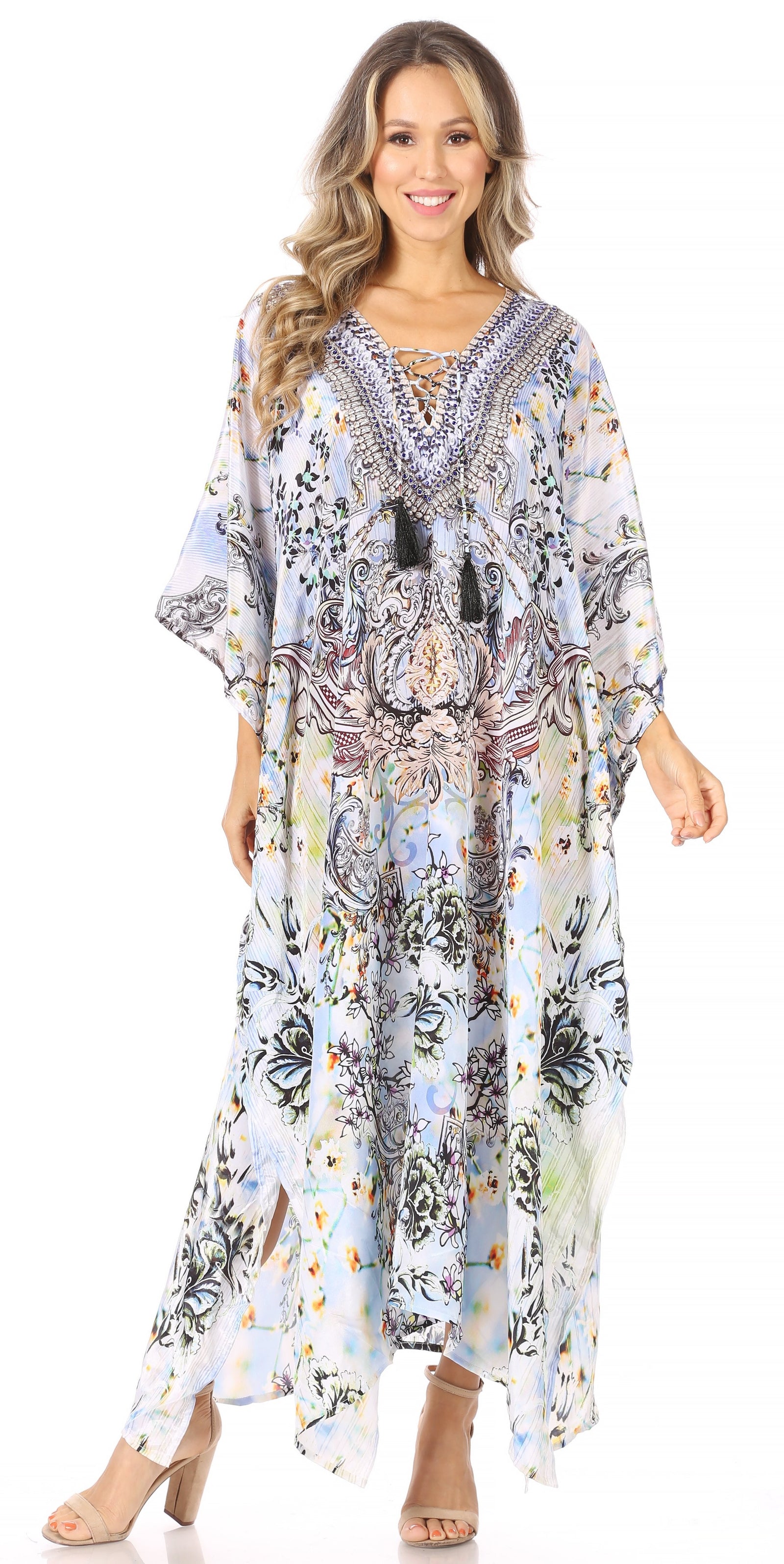 Vestido caftán largo Sakkas Georgettina con escote en V y cristales fluidos