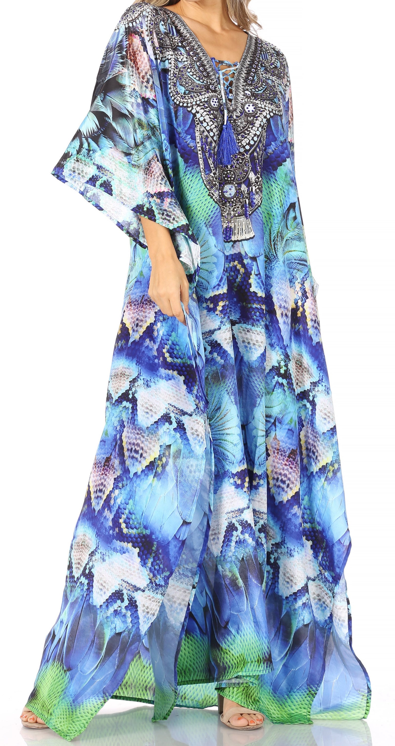 Vestido caftán largo Sakkas Georgettina con escote en V y cristales fluidos