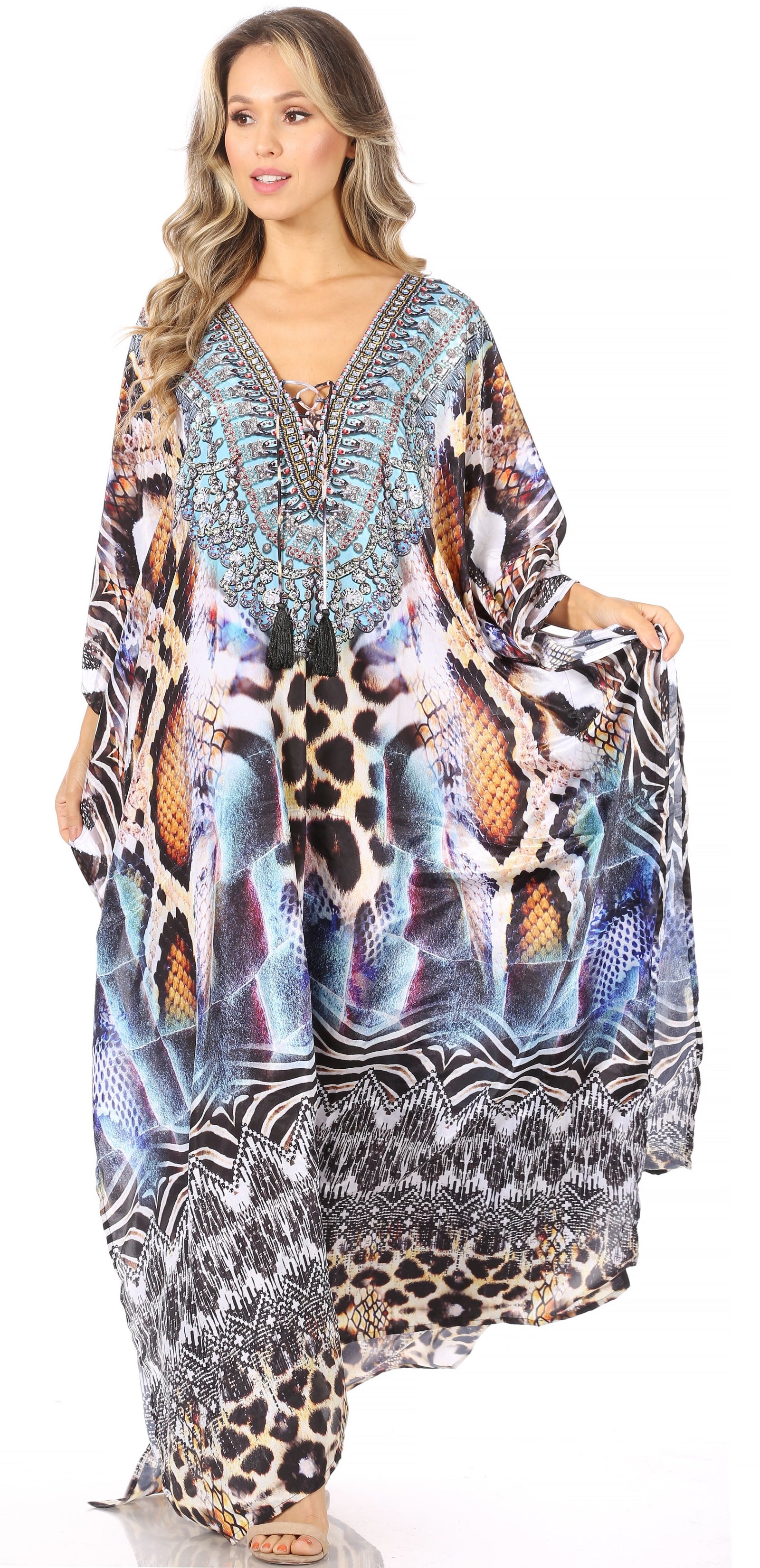 Vestido caftán largo Sakkas Georgettina con escote en V y cristales fluidos