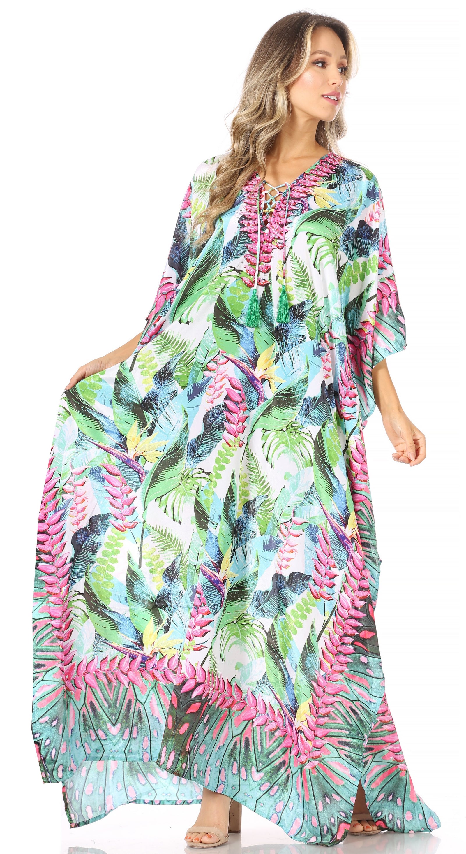 Vestido caftán largo Sakkas Georgettina con escote en V y cristales fluidos