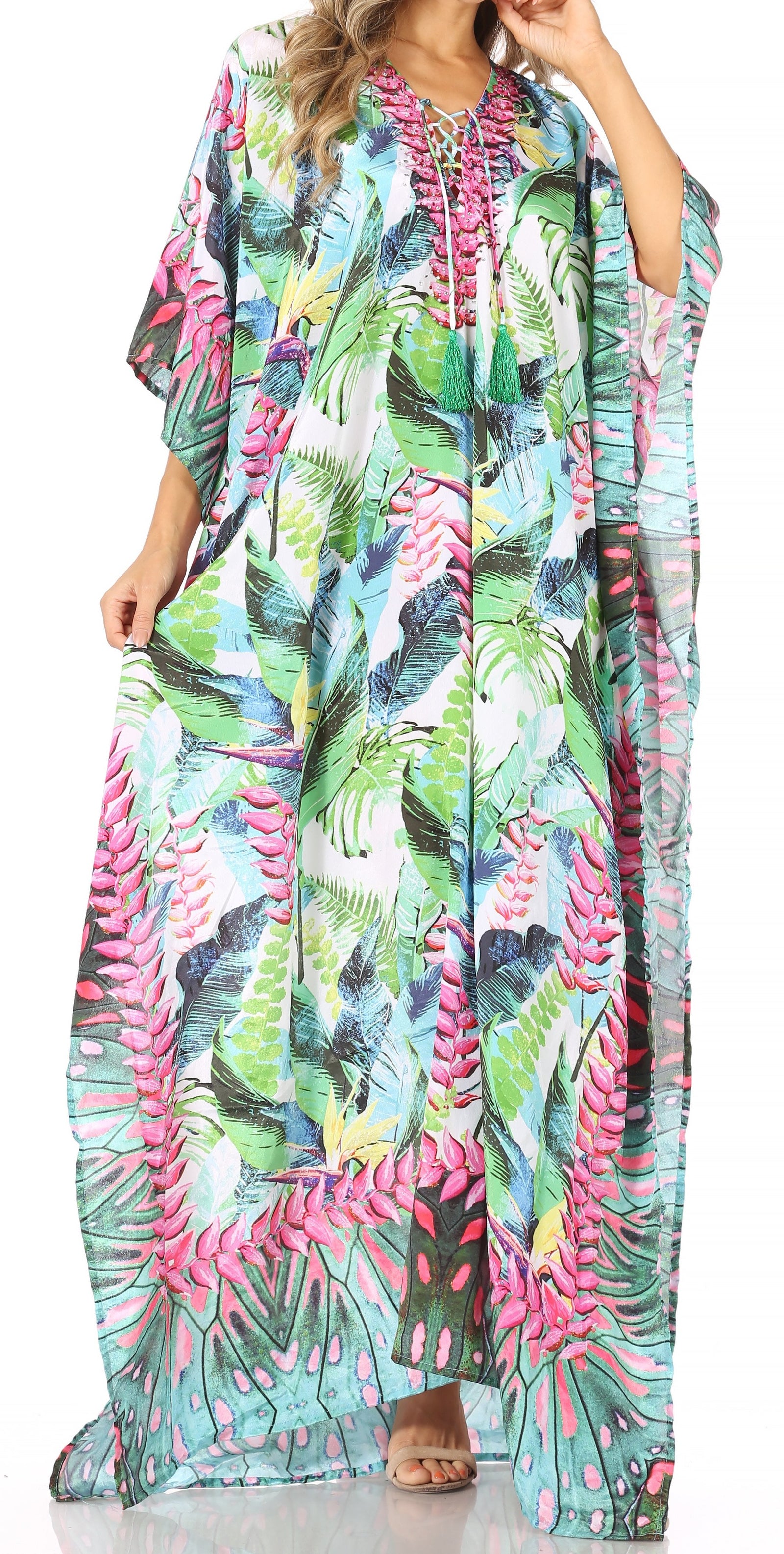 Vestido caftán largo Sakkas Georgettina con escote en V y cristales fluidos