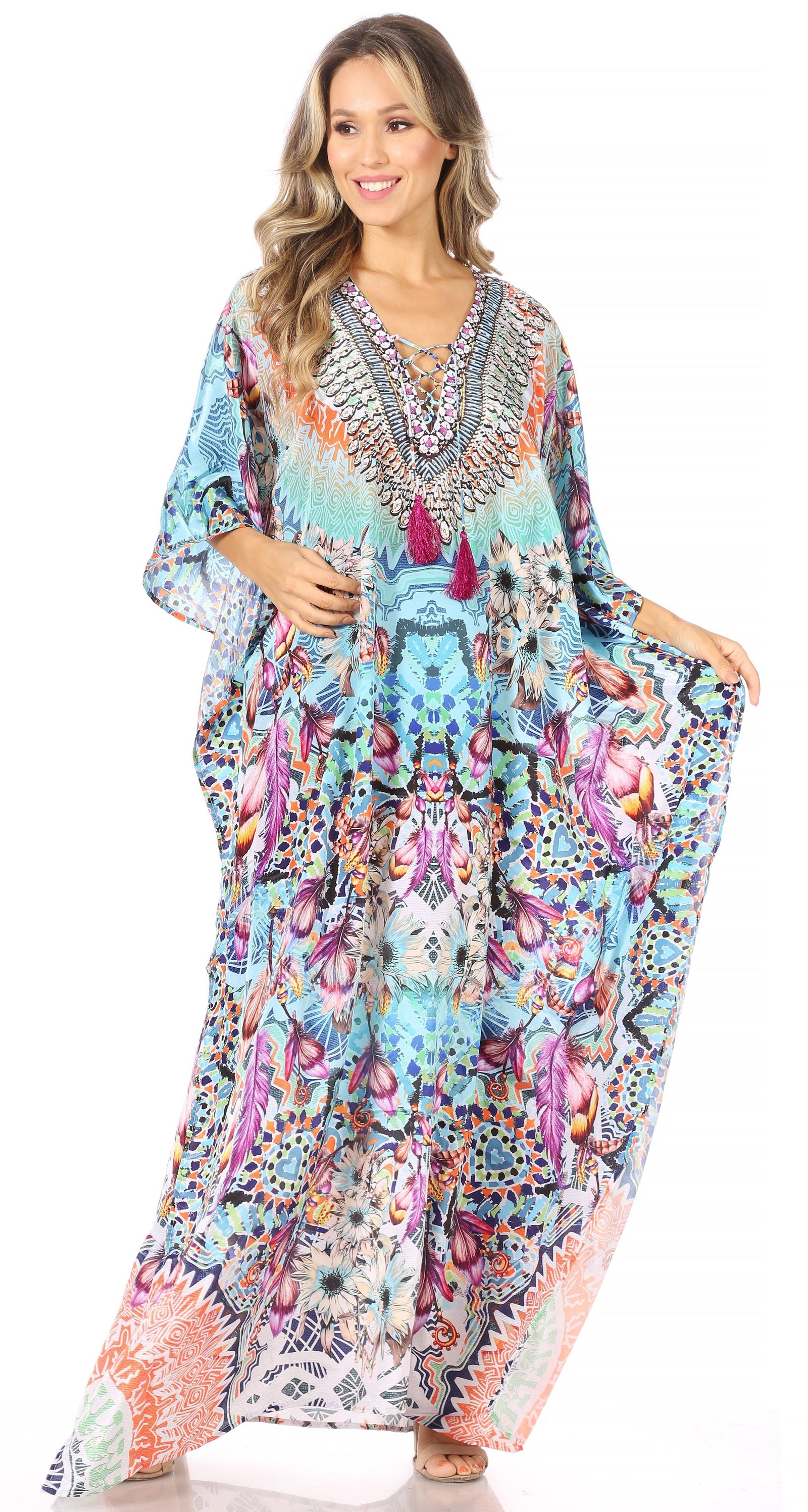 Vestido caftán largo Sakkas Georgettina con escote en V y cristales fluidos