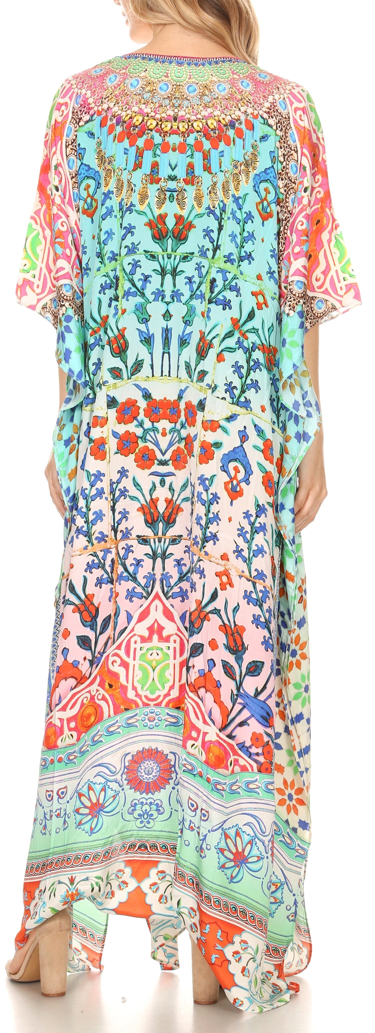 Vestido caftán largo Sakkas Georgettina con escote en V y cristales fluidos