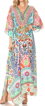 Vestido caftán largo Sakkas Georgettina con escote en V y cristales fluidos