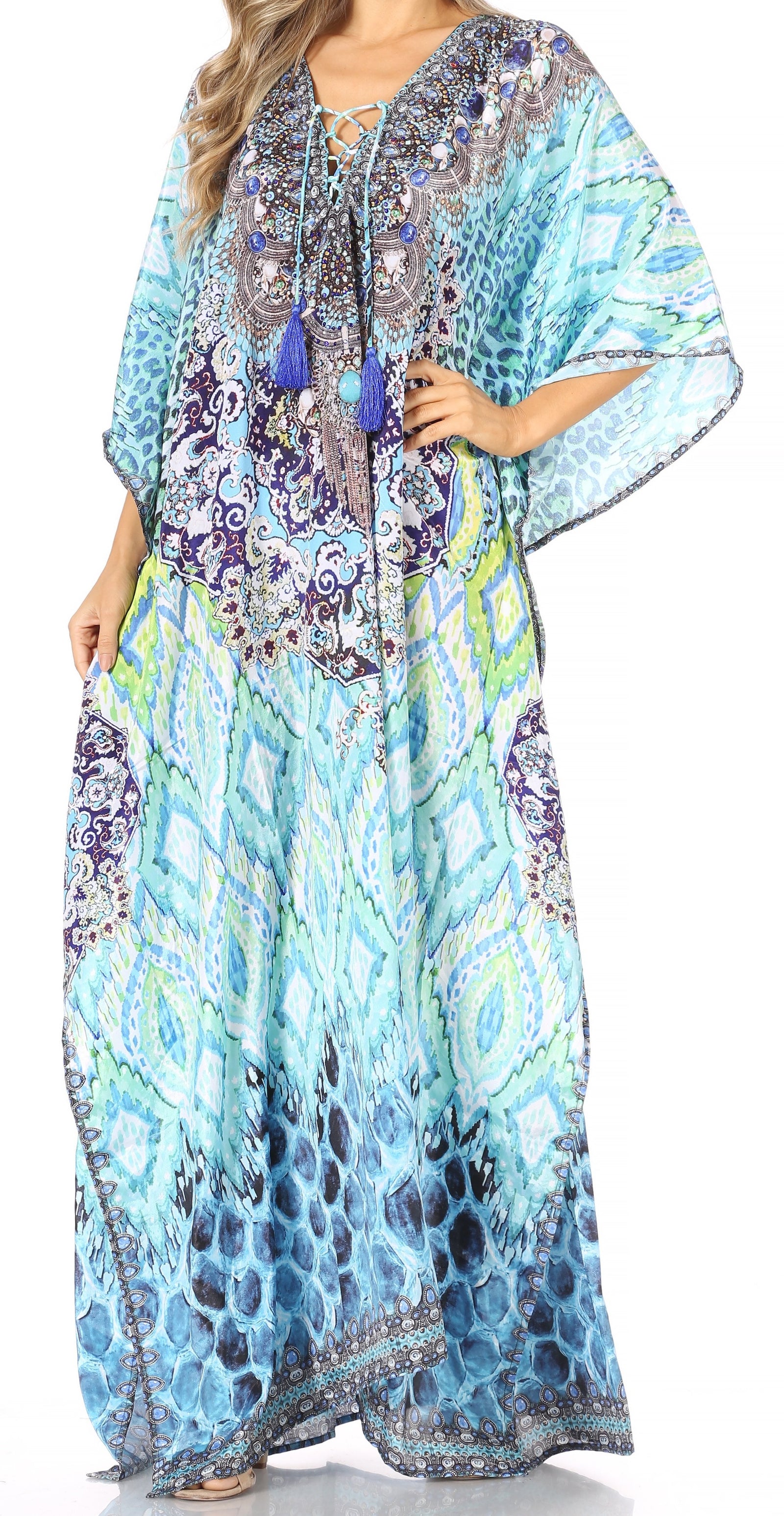 Vestido caftán largo Sakkas Georgettina con escote en V y cristales fluidos