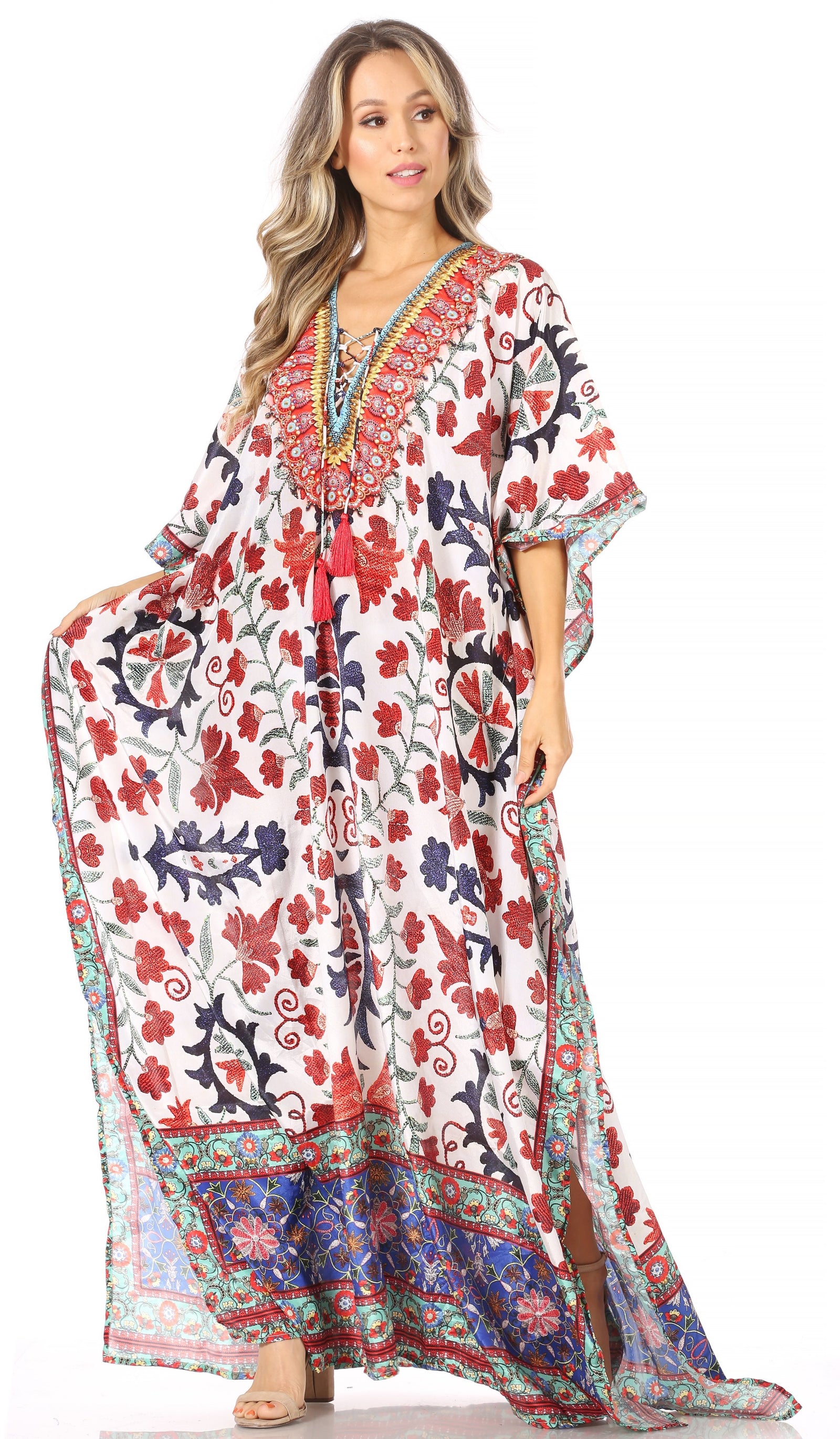 Vestido caftán largo Sakkas Georgettina con escote en V y cristales fluidos