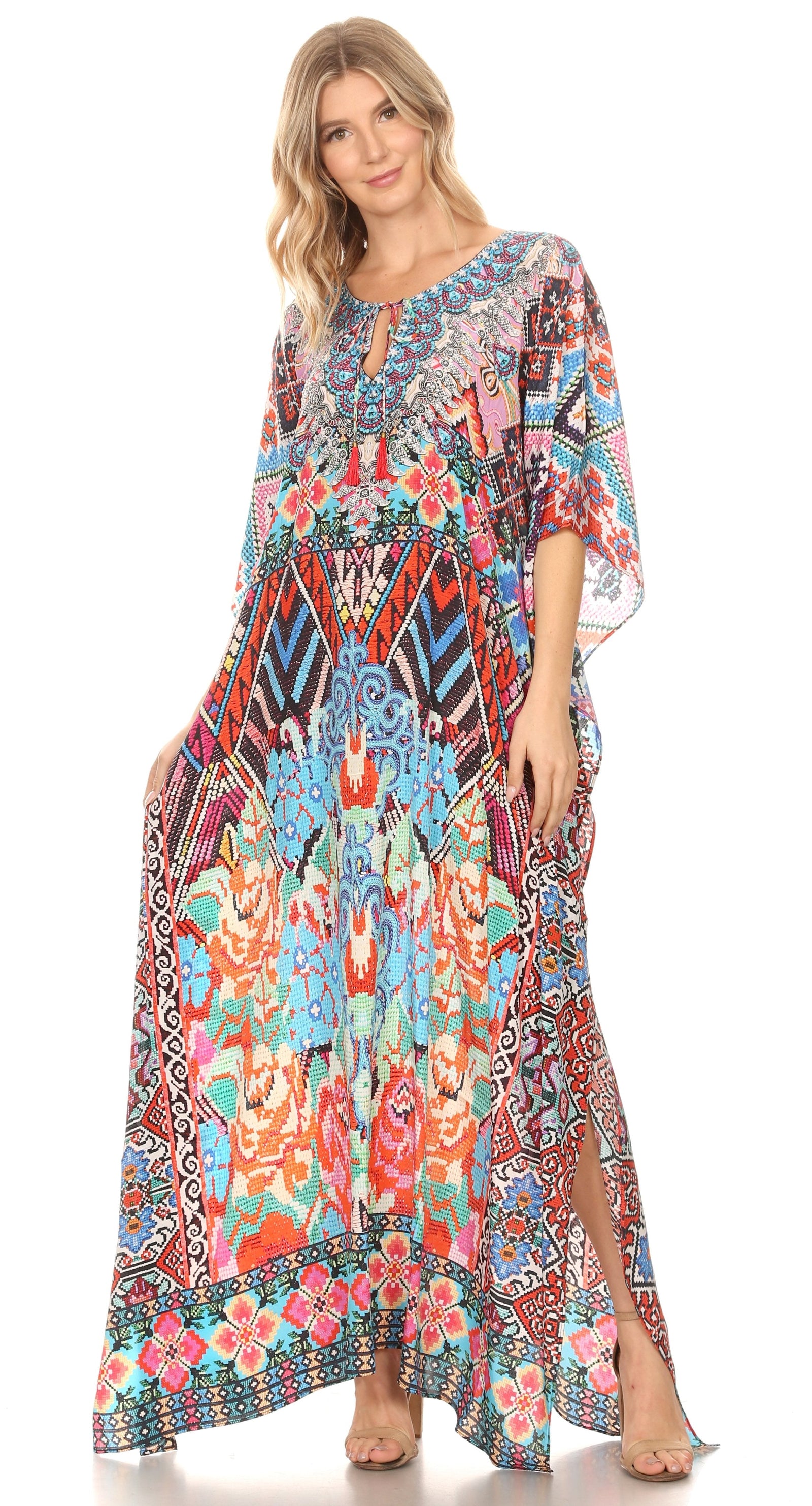 Vestido caftán largo Sakkas Georgettina con escote en V y cristales fluidos