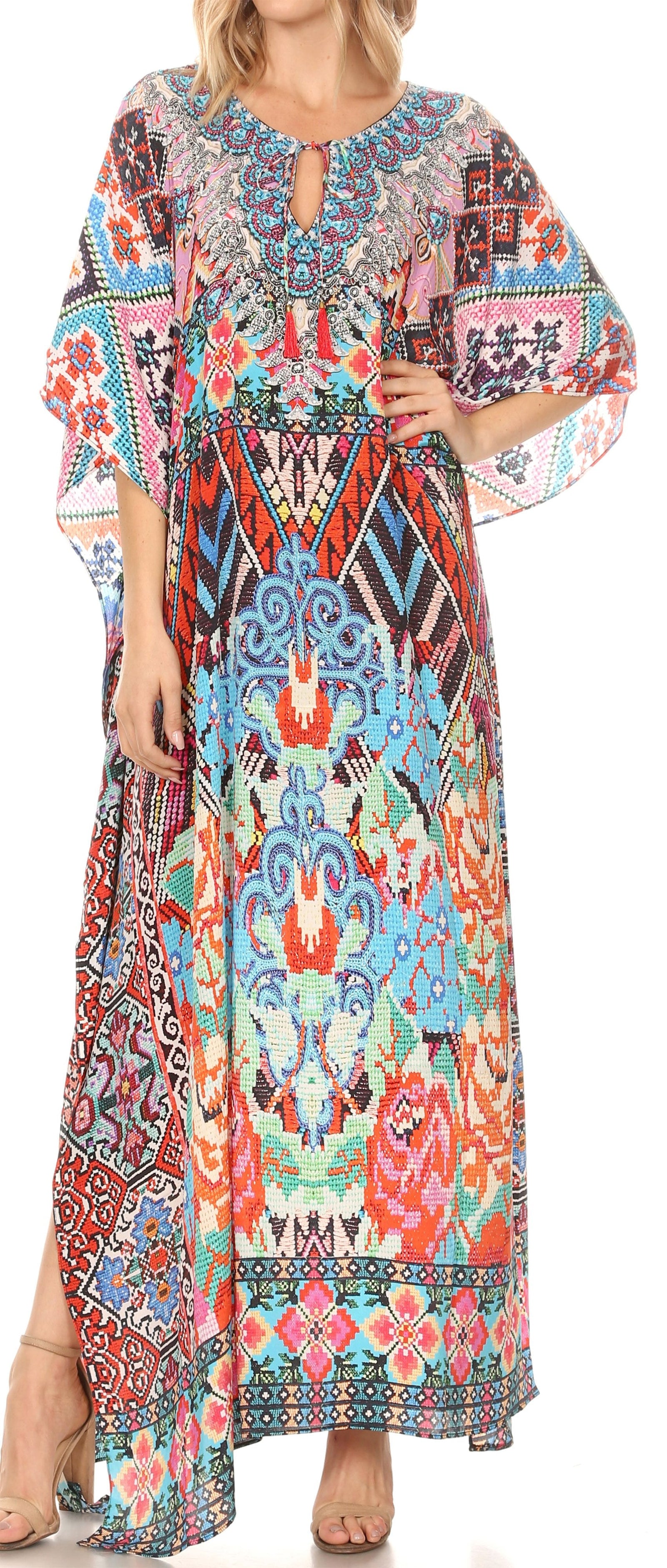 Vestido caftán largo Sakkas Georgettina con escote en V y cristales fluidos