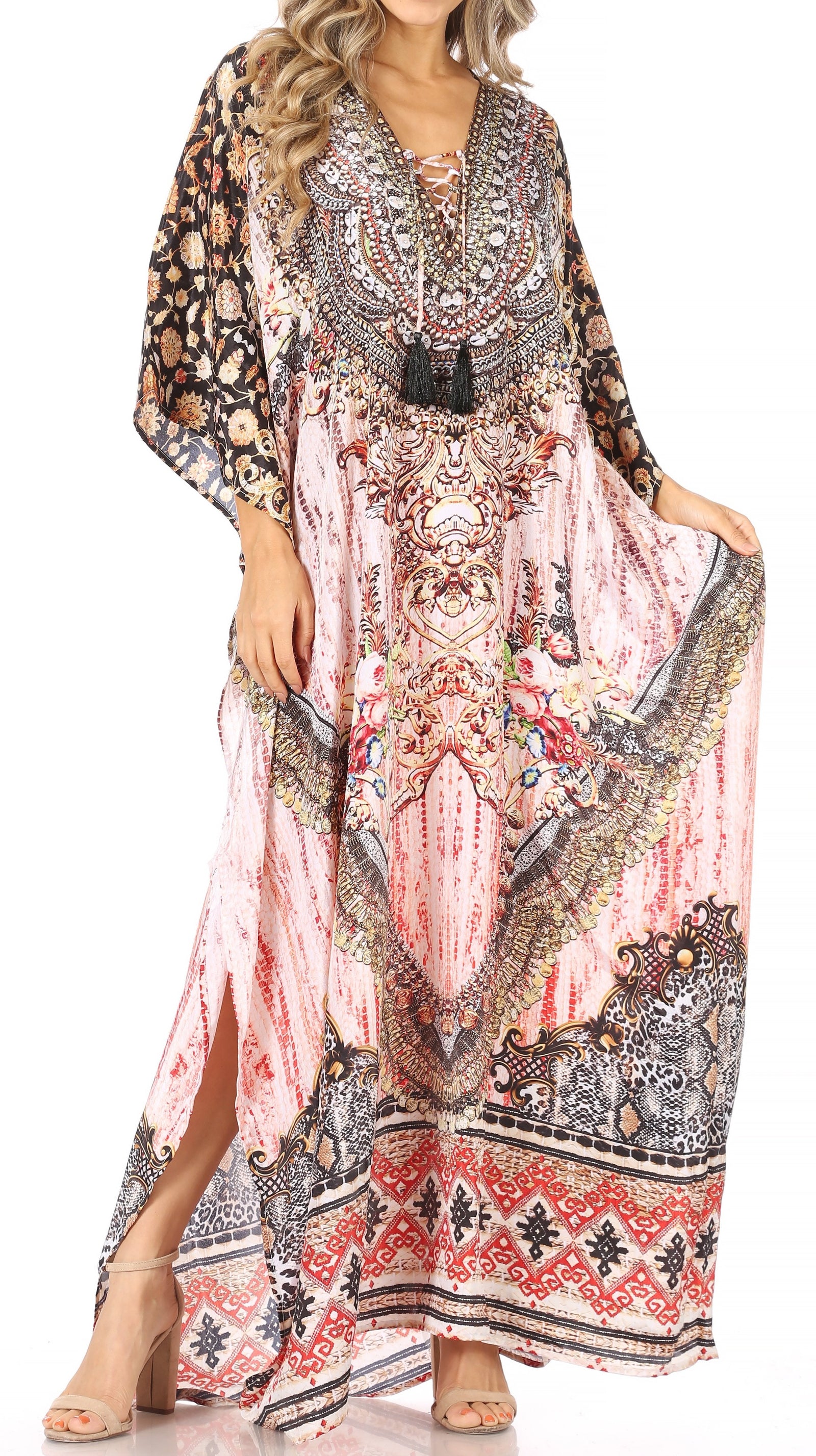Vestido caftán largo Sakkas Georgettina con escote en V y cristales fluidos