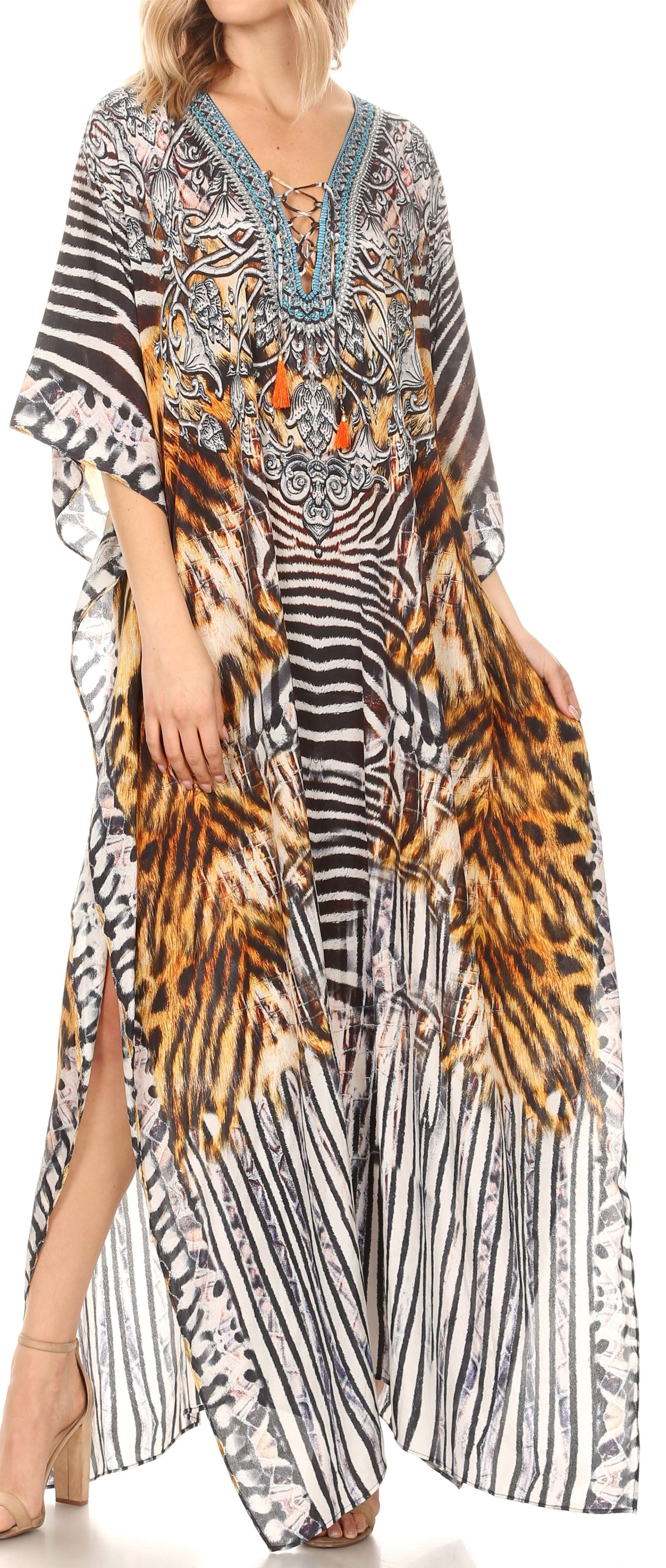 Vestido caftán largo Sakkas Georgettina con escote en V y cristales fluidos