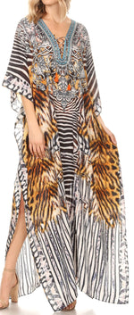 Vestido caftán largo Sakkas Georgettina con escote en V y cristales fluidos