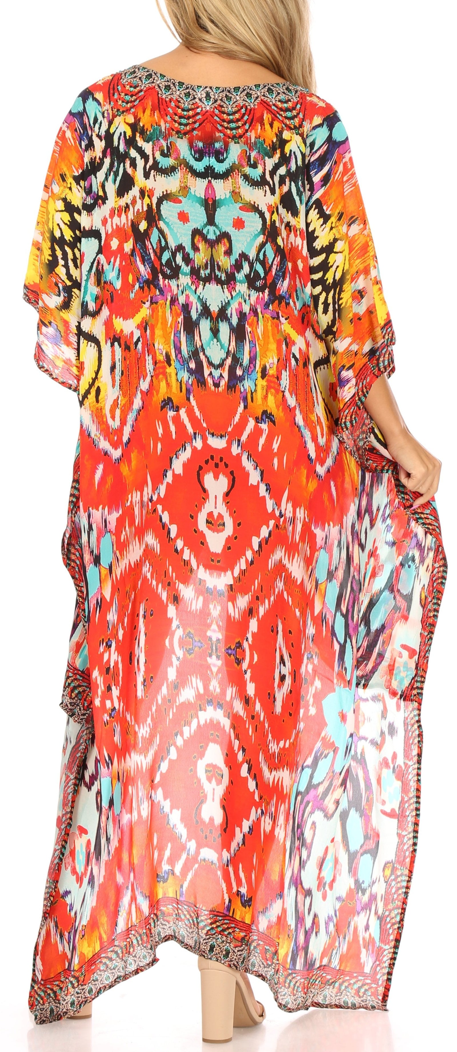 Vestido Sakkas Laisson Flowy Hi-Lo Caftán con diamantes de imitación, cuello en V, corte cuadrado, para cubrir la parte superior