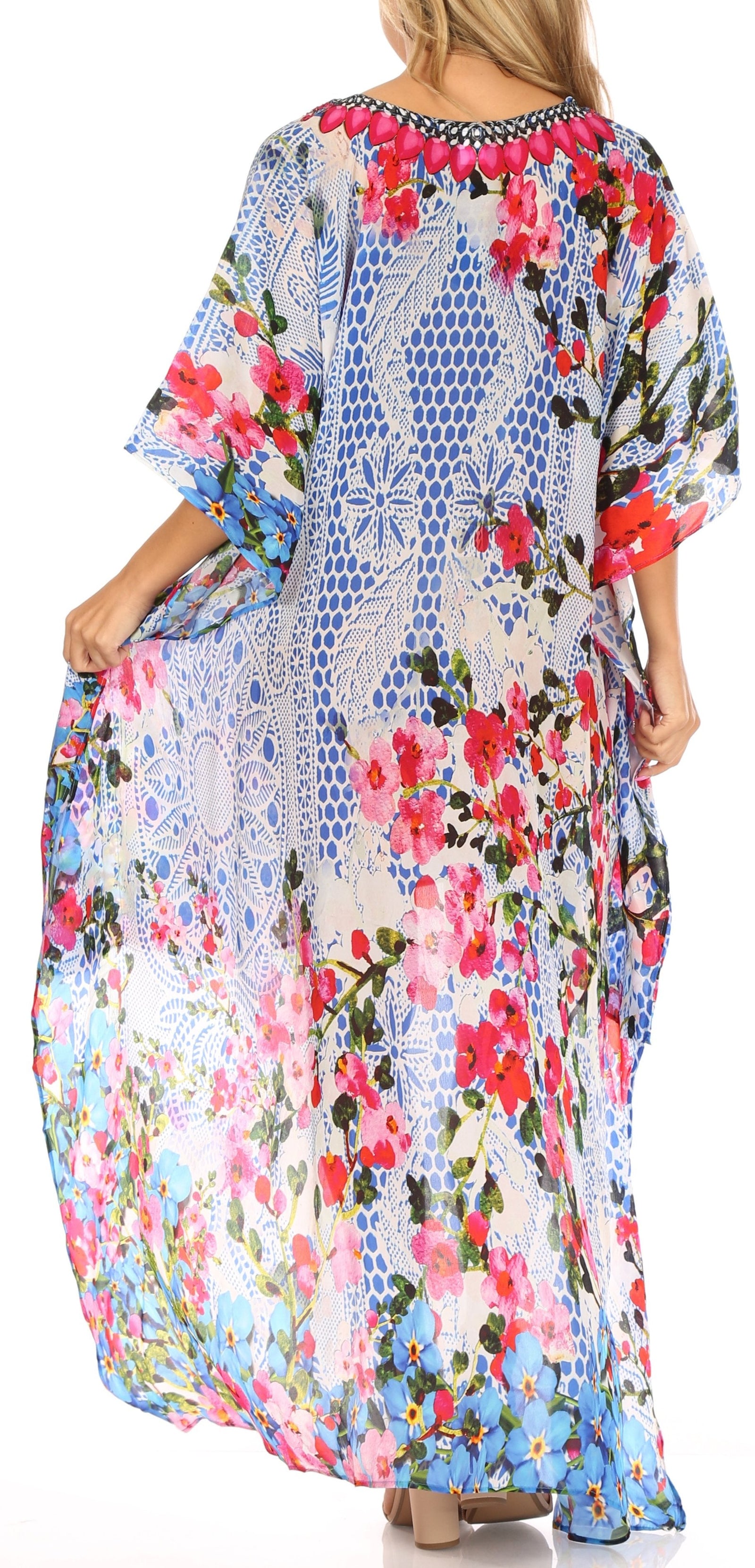 Vestido Sakkas Laisson Flowy Hi-Lo Caftán con diamantes de imitación, cuello en V, corte cuadrado, para cubrir la parte superior