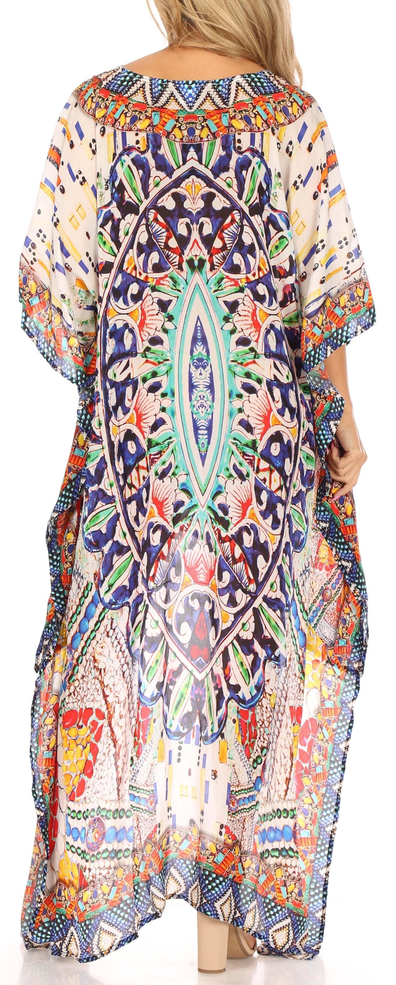 Vestido Sakkas Laisson Flowy Hi-Lo Caftán con diamantes de imitación, cuello en V, corte cuadrado, para cubrir la parte superior