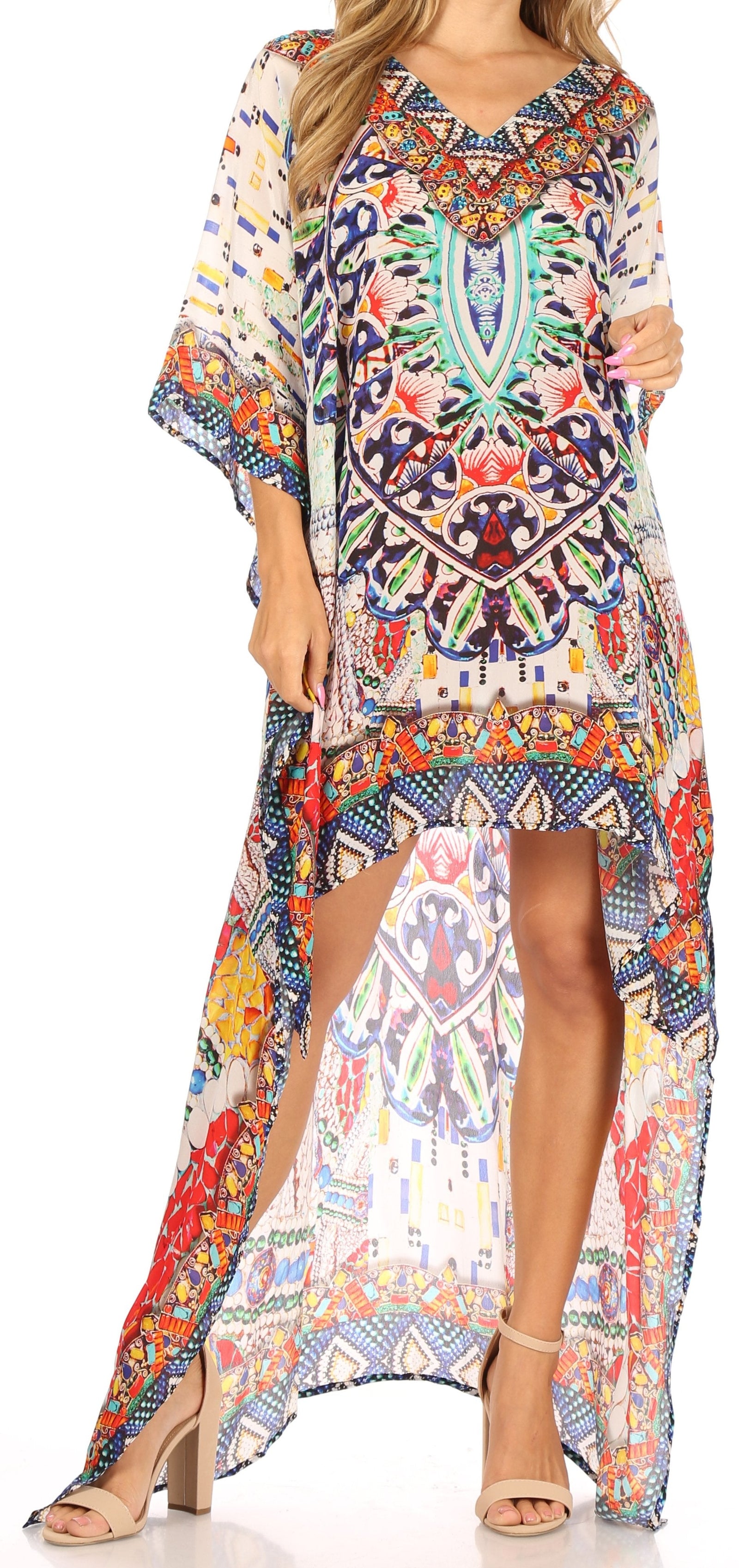 Vestido Sakkas Laisson Flowy Hi-Lo Caftán con diamantes de imitación, cuello en V, corte cuadrado, para cubrir la parte superior