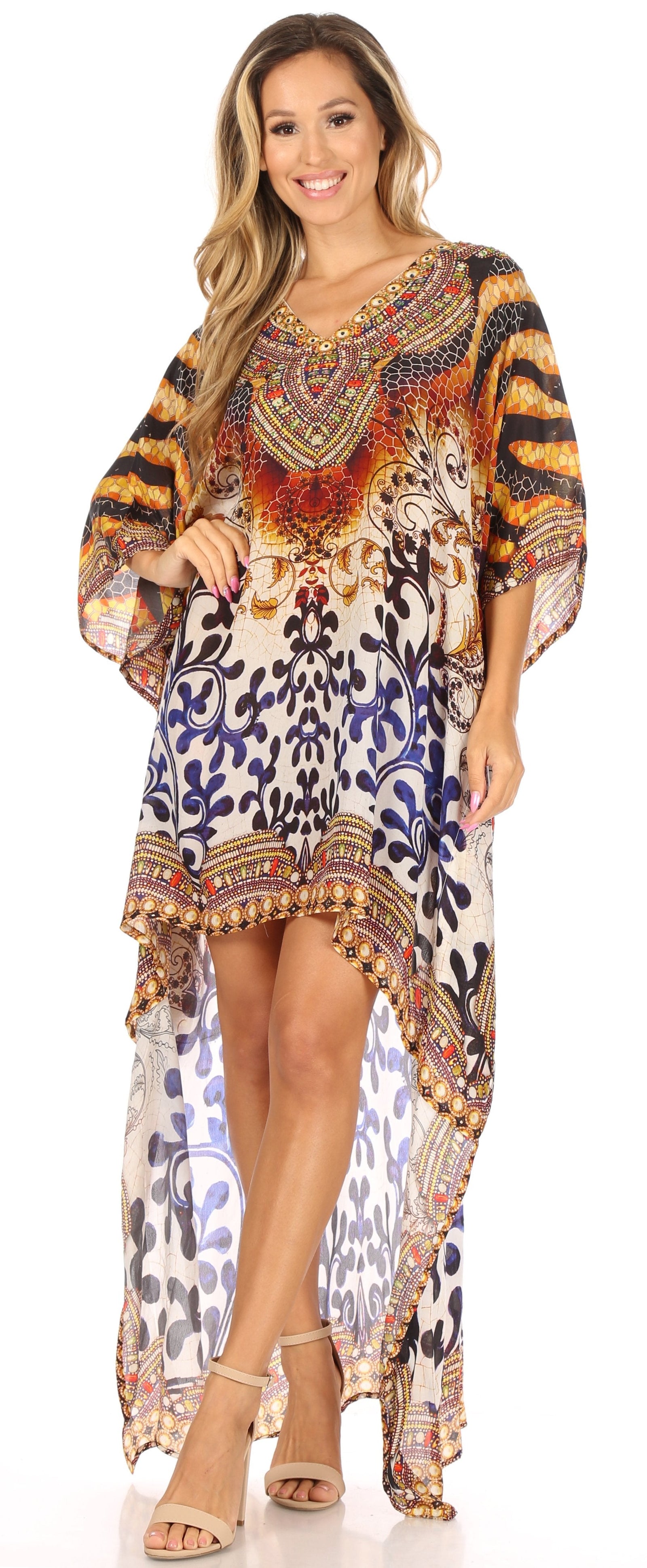 Vestido Sakkas Laisson Flowy Hi-Lo Caftán con diamantes de imitación, cuello en V, corte cuadrado, para cubrir la parte superior