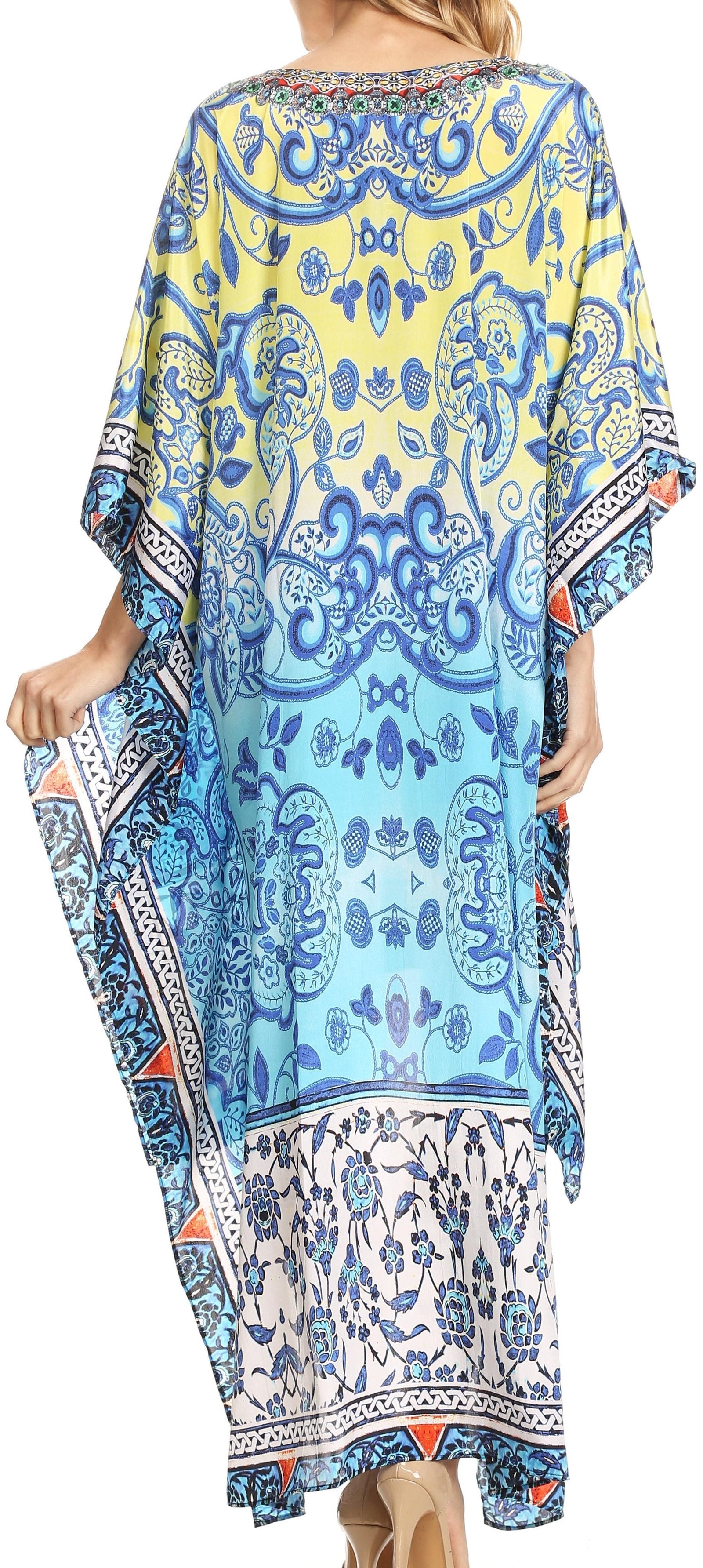Vestido Sakkas Laisson Flowy Hi-Lo Caftán con diamantes de imitación, cuello en V, corte cuadrado, para cubrir la parte superior