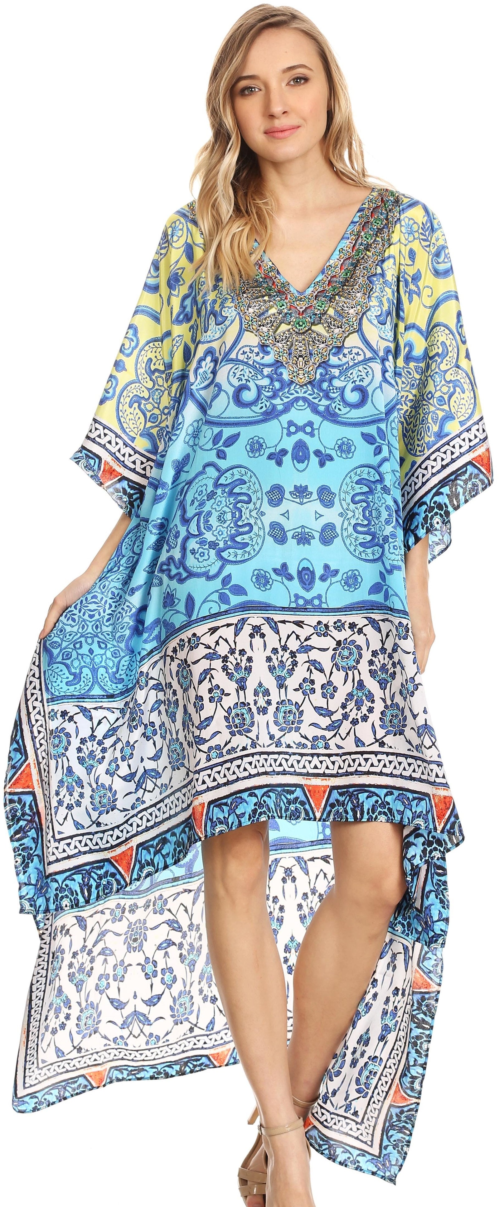Vestido Sakkas Laisson Flowy Hi-Lo Caftán con diamantes de imitación, cuello en V, corte cuadrado, para cubrir la parte superior