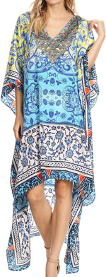 Vestido Sakkas Laisson Flowy Hi-Lo Caftán con diamantes de imitación, cuello en V, corte cuadrado, para cubrir la parte superior