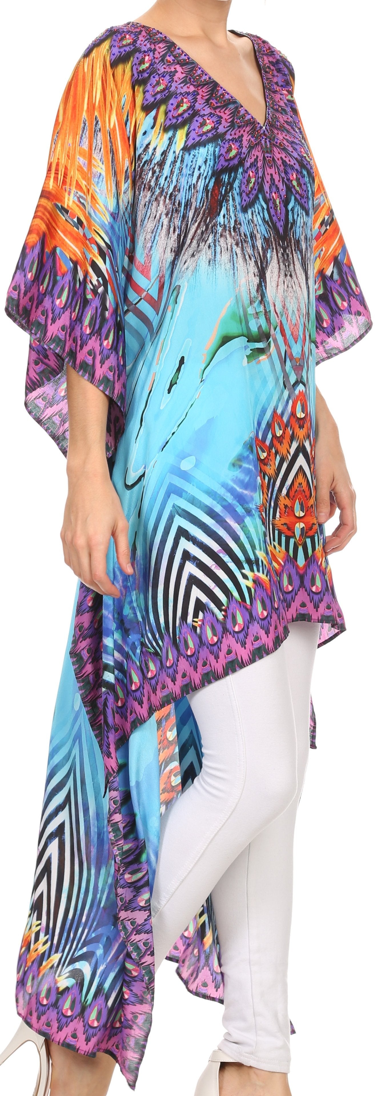 Vestido Sakkas Laisson Flowy Hi-Lo Caftán con diamantes de imitación, cuello en V, corte cuadrado, para cubrir la parte superior