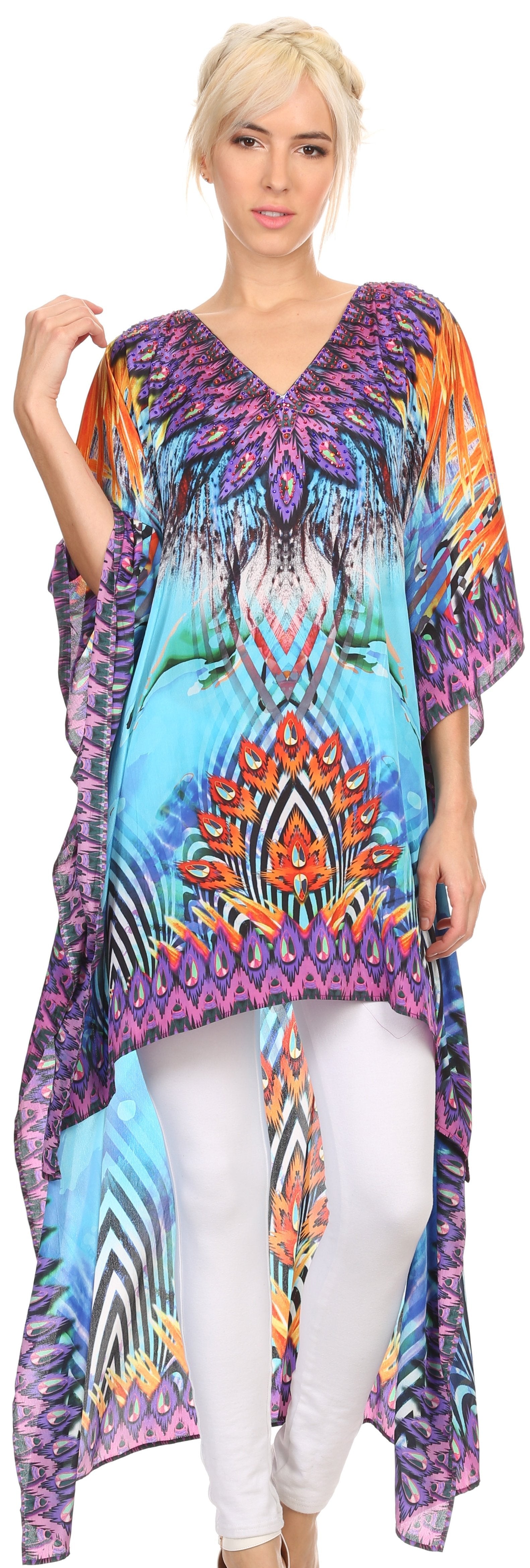 Vestido Sakkas Laisson Flowy Hi-Lo Caftán con diamantes de imitación, cuello en V, corte cuadrado, para cubrir la parte superior