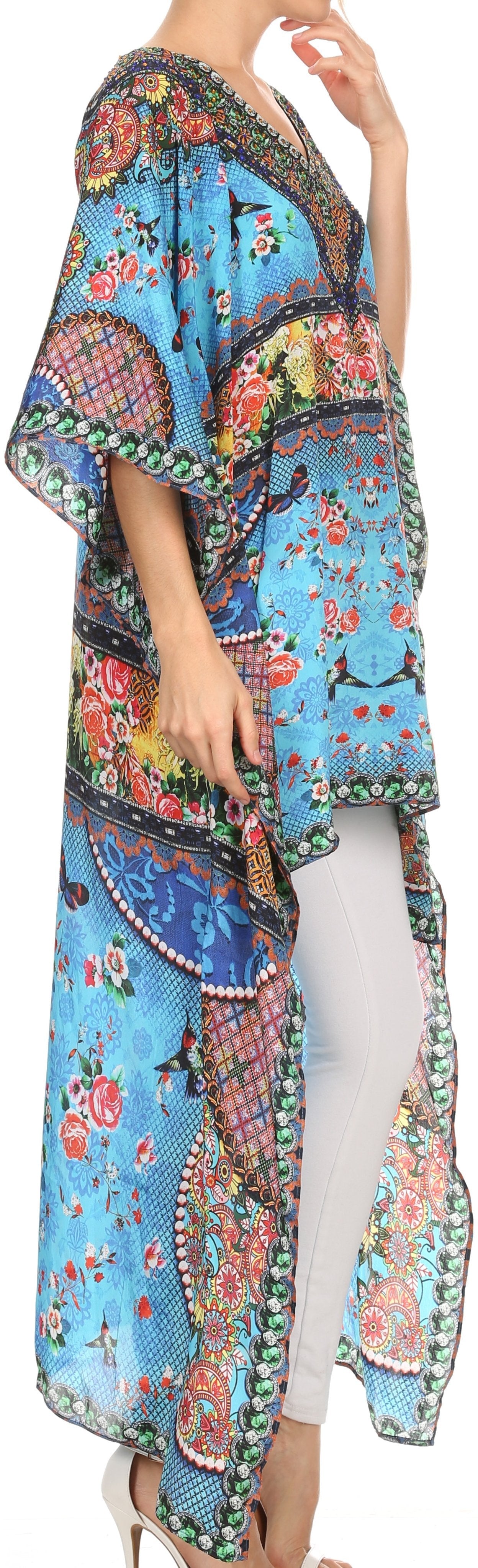 Vestido Sakkas Laisson Flowy Hi-Lo Caftán con diamantes de imitación, cuello en V, corte cuadrado, para cubrir la parte superior