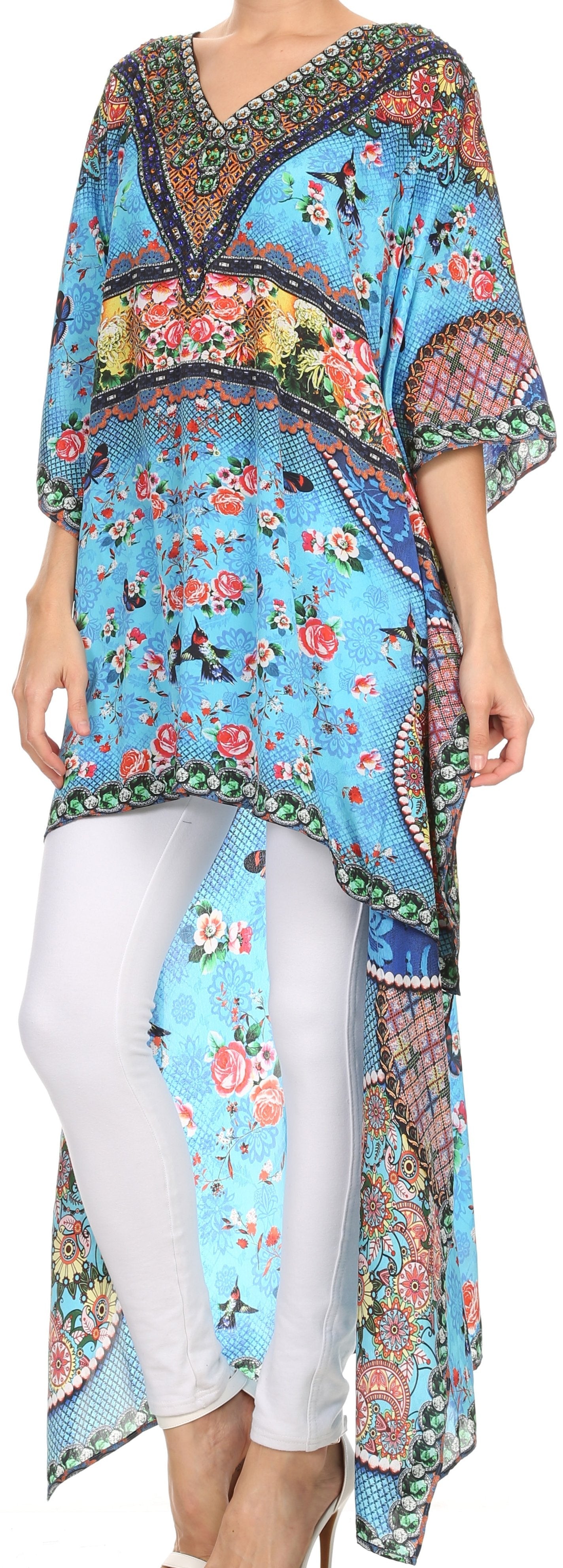 Vestido Sakkas Laisson Flowy Hi-Lo Caftán con diamantes de imitación, cuello en V, corte cuadrado, para cubrir la parte superior