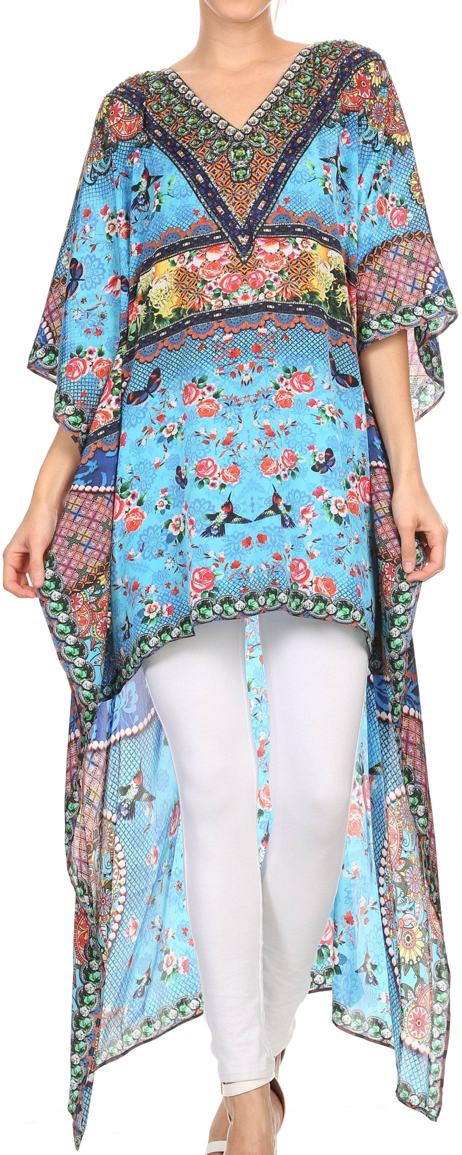Vestido Sakkas Laisson Flowy Hi-Lo Caftán con diamantes de imitación, cuello en V, corte cuadrado, para cubrir la parte superior