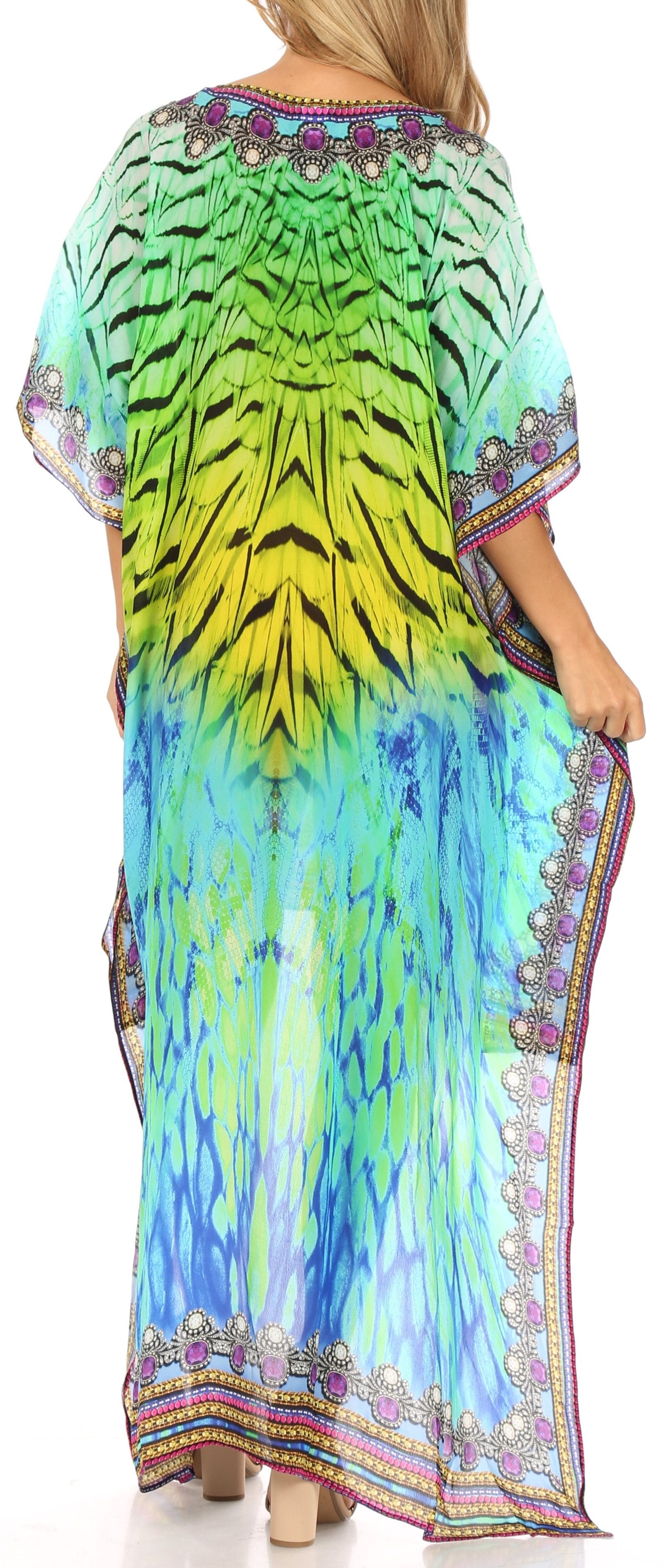Vestido Sakkas Laisson Flowy Hi-Lo Caftán con diamantes de imitación, cuello en V, corte cuadrado, para cubrir la parte superior